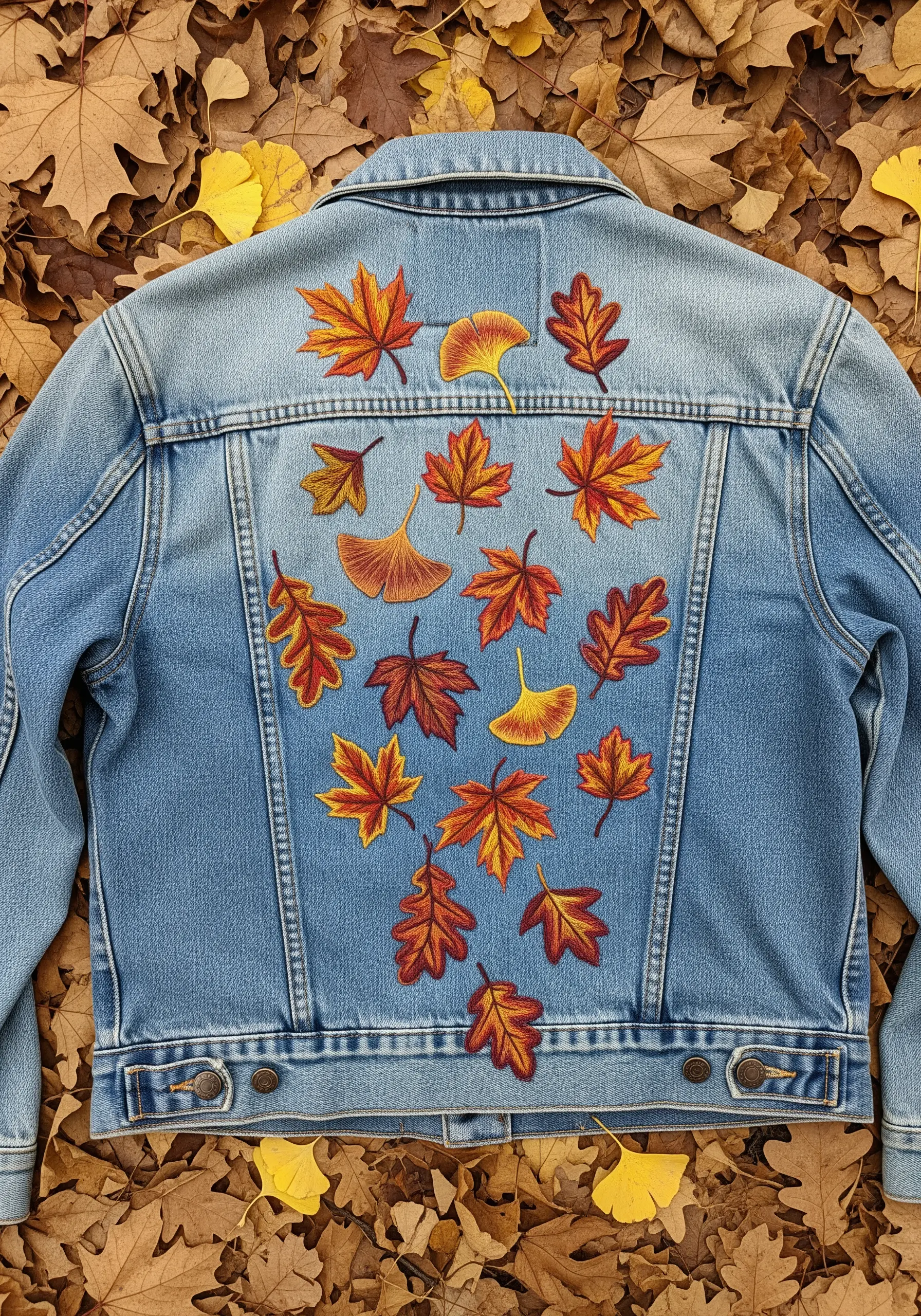 Scattered autumn leaves in red, orange, and yellow embroidered on a denim jacket back.