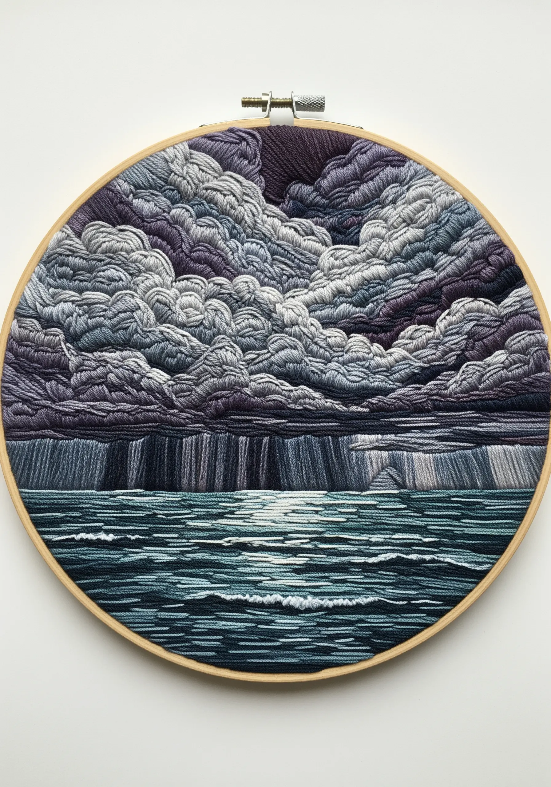 Dark stormy sea and cloud embroidery with heavy texture