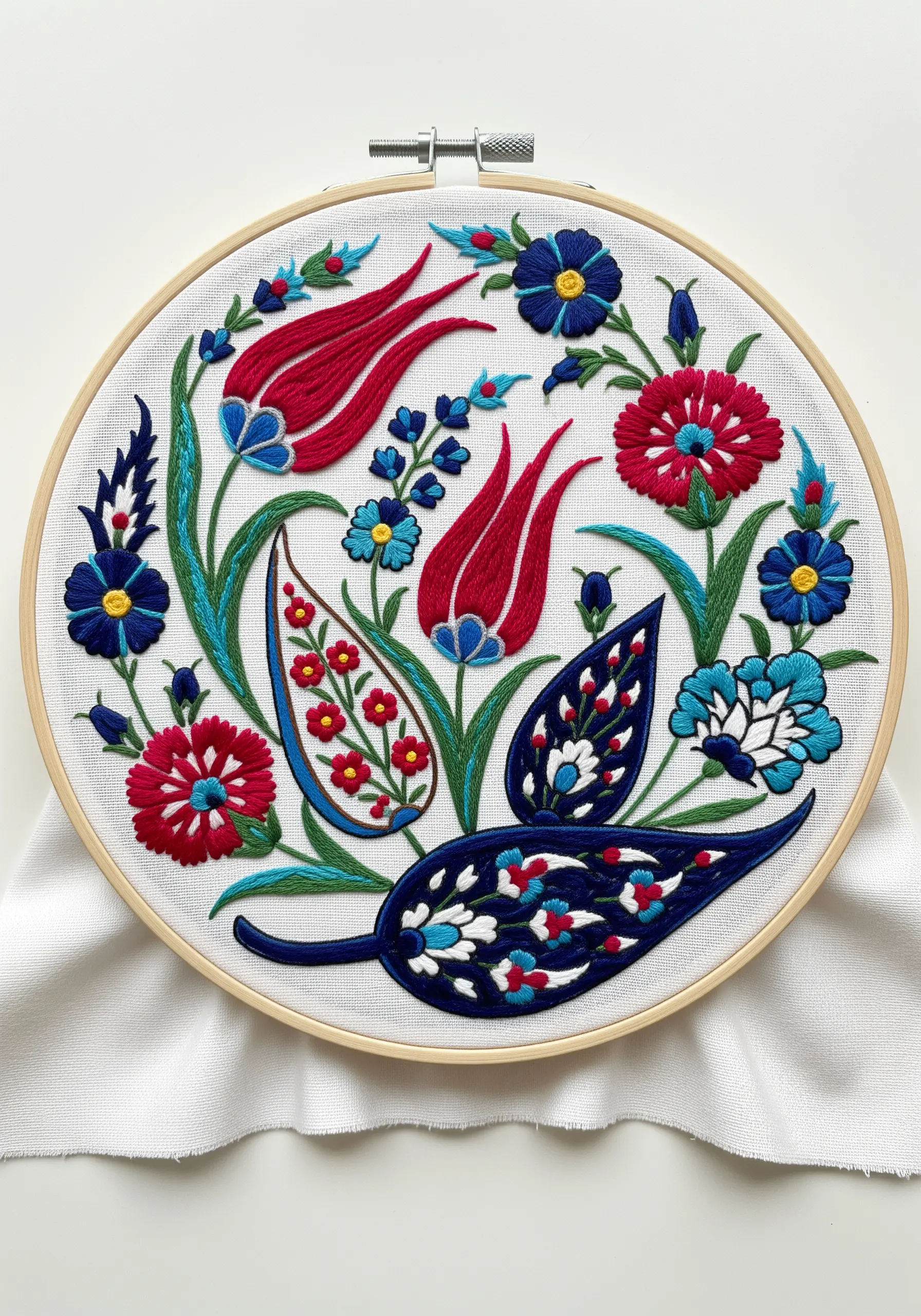Embroidery hoop with Turkish Iznik-style tulips and floral motifs on white fabric.