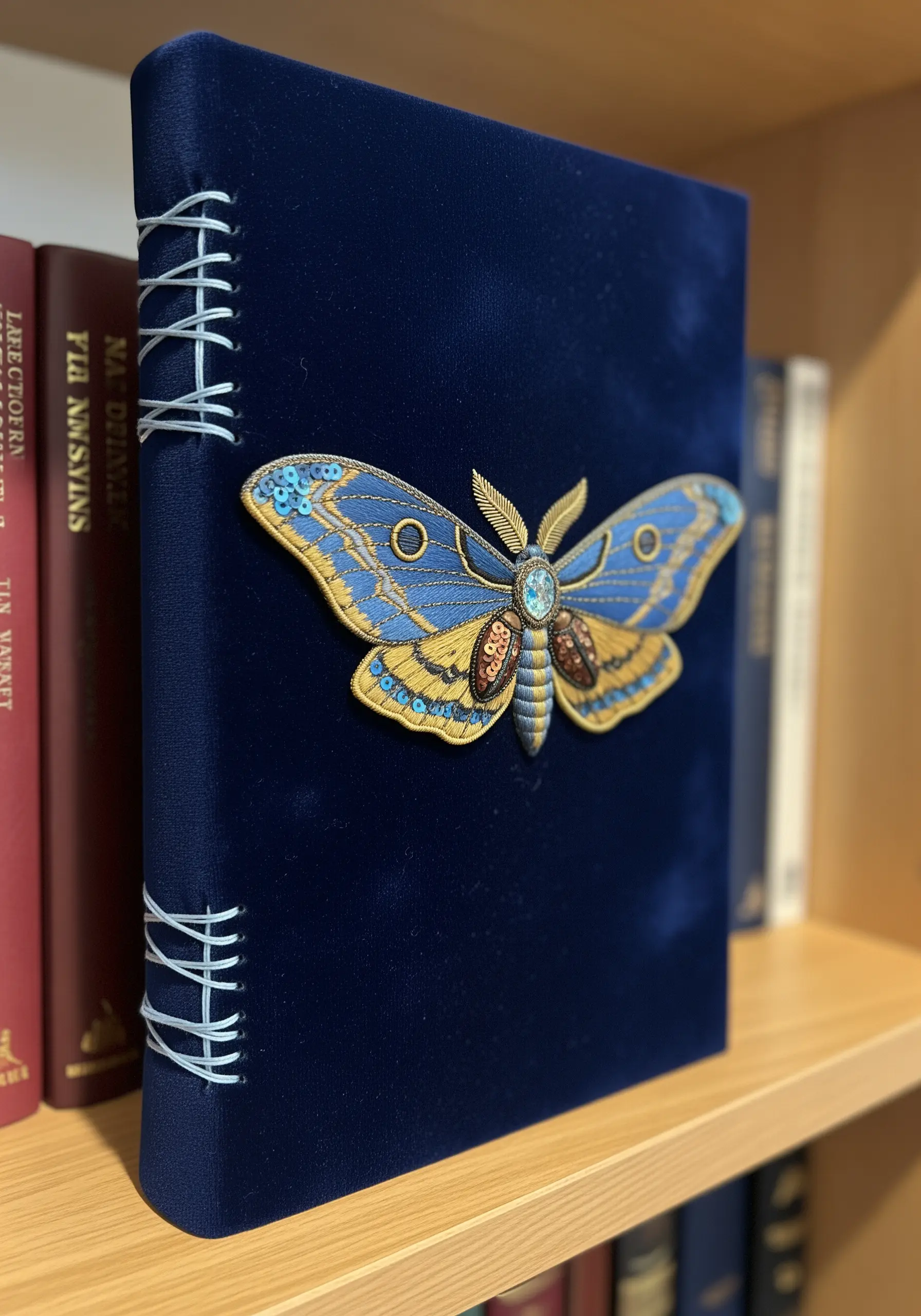 Beaded and embroidered moth appliqué on a dark blue velvet book cover.