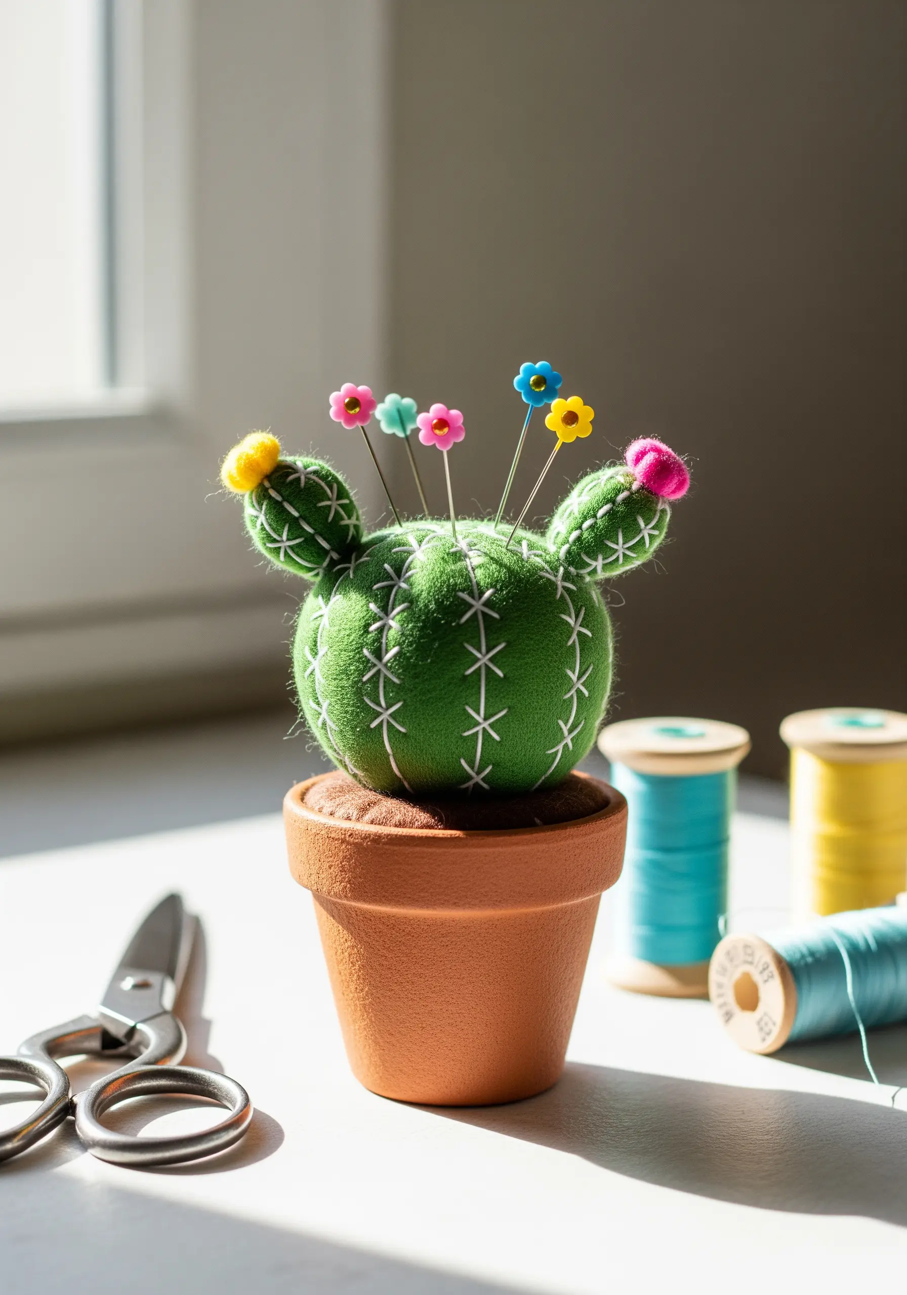 A 3D pincushion shaped like a potted cactus, with white embroidered spines.