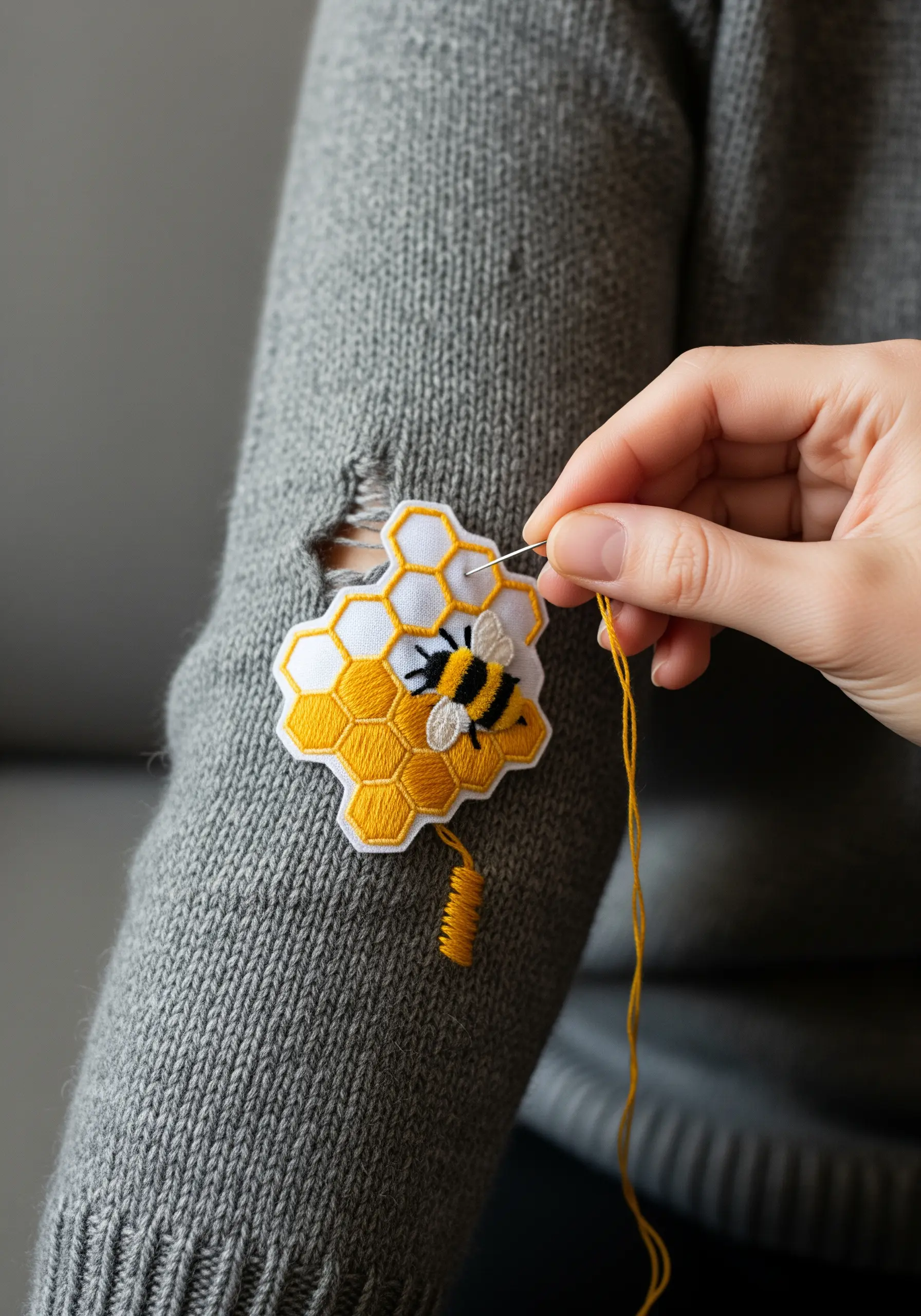 A honeycomb and bee embroidered patch being stitched over a hole in a grey sweater