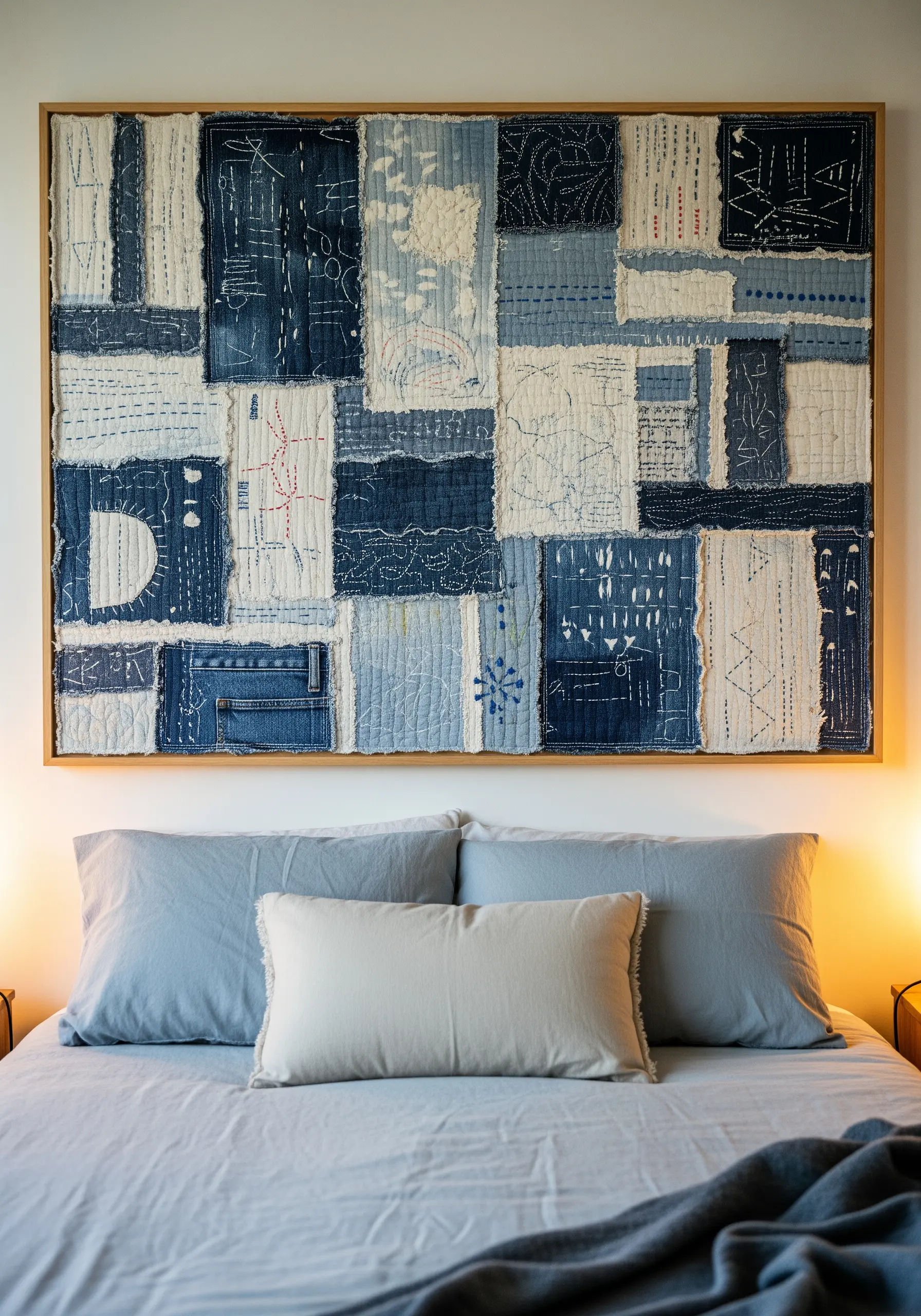 A large patchwork wall hanging made from various shades of denim with visible stitching.
