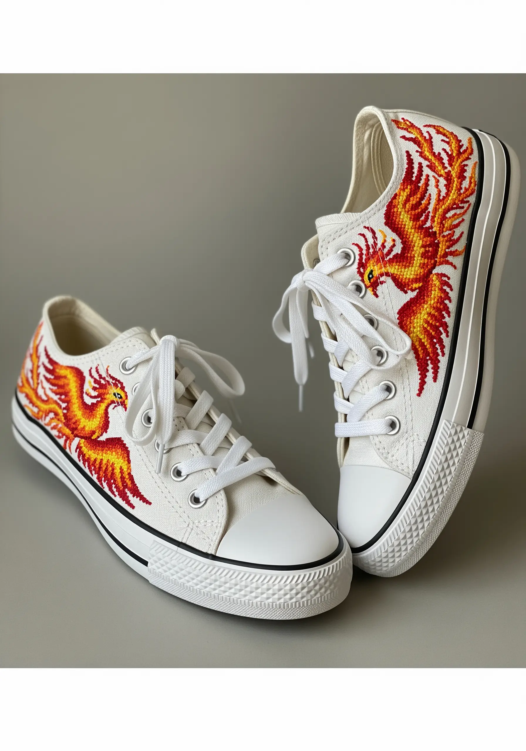 A vibrant cross-stitch of a phoenix in red, orange, and yellow on the side of a white canvas sneaker.