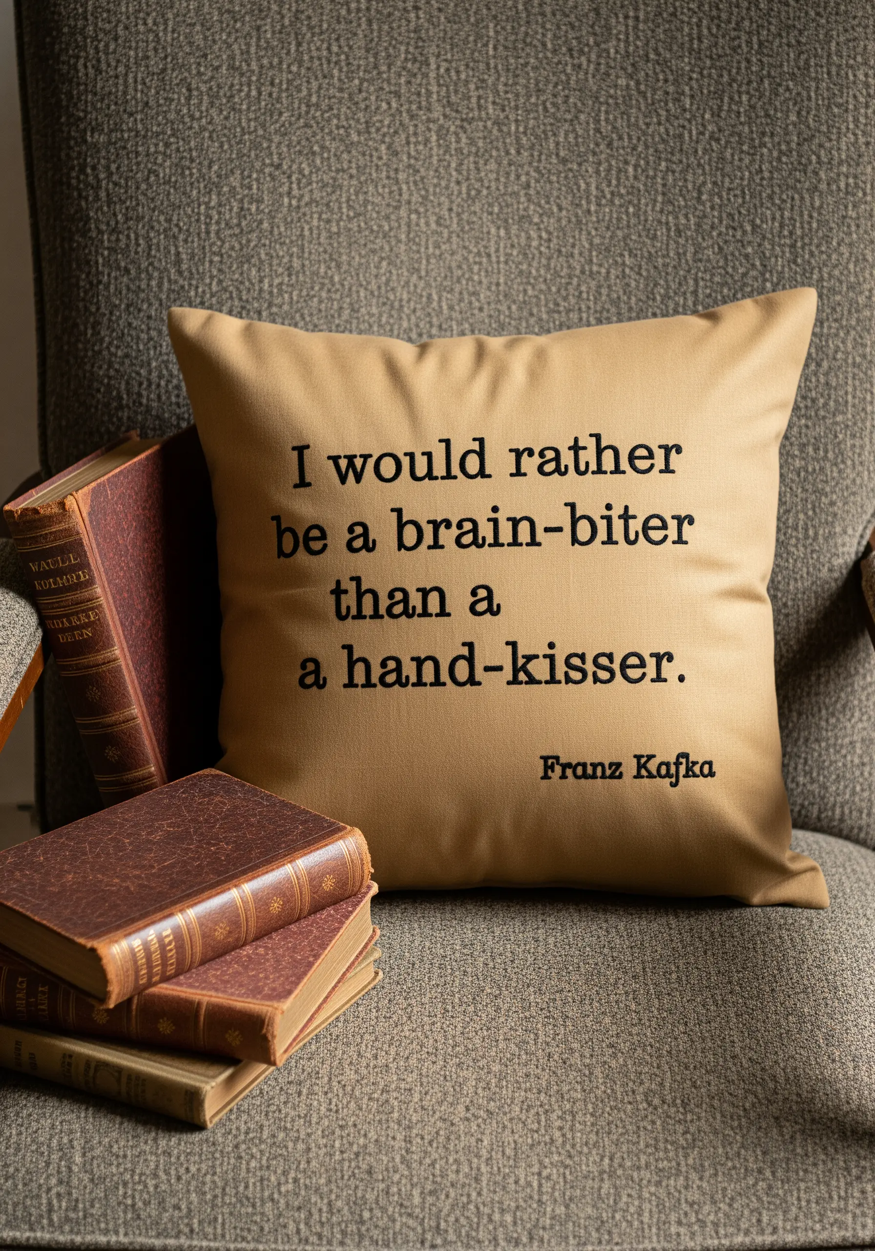 Tan cushion with black typewriter font quote embroidery