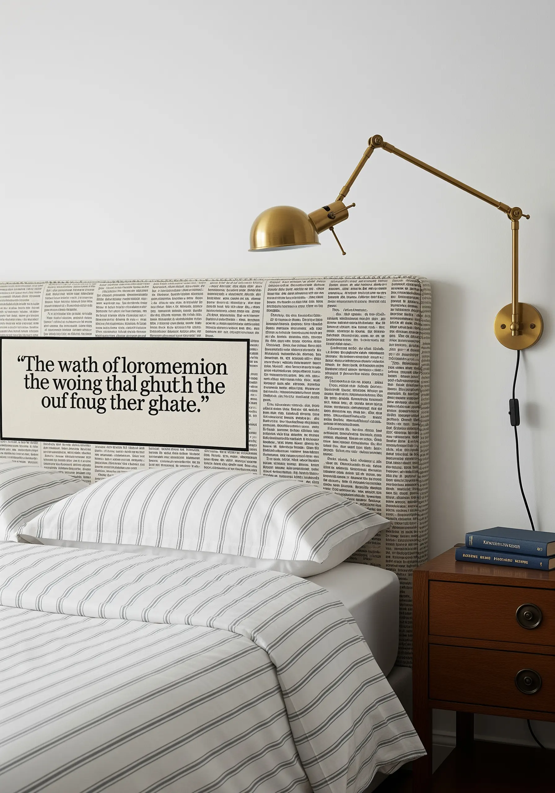 A bold embroidered quote stitched over a newspaper-print fabric headboard.