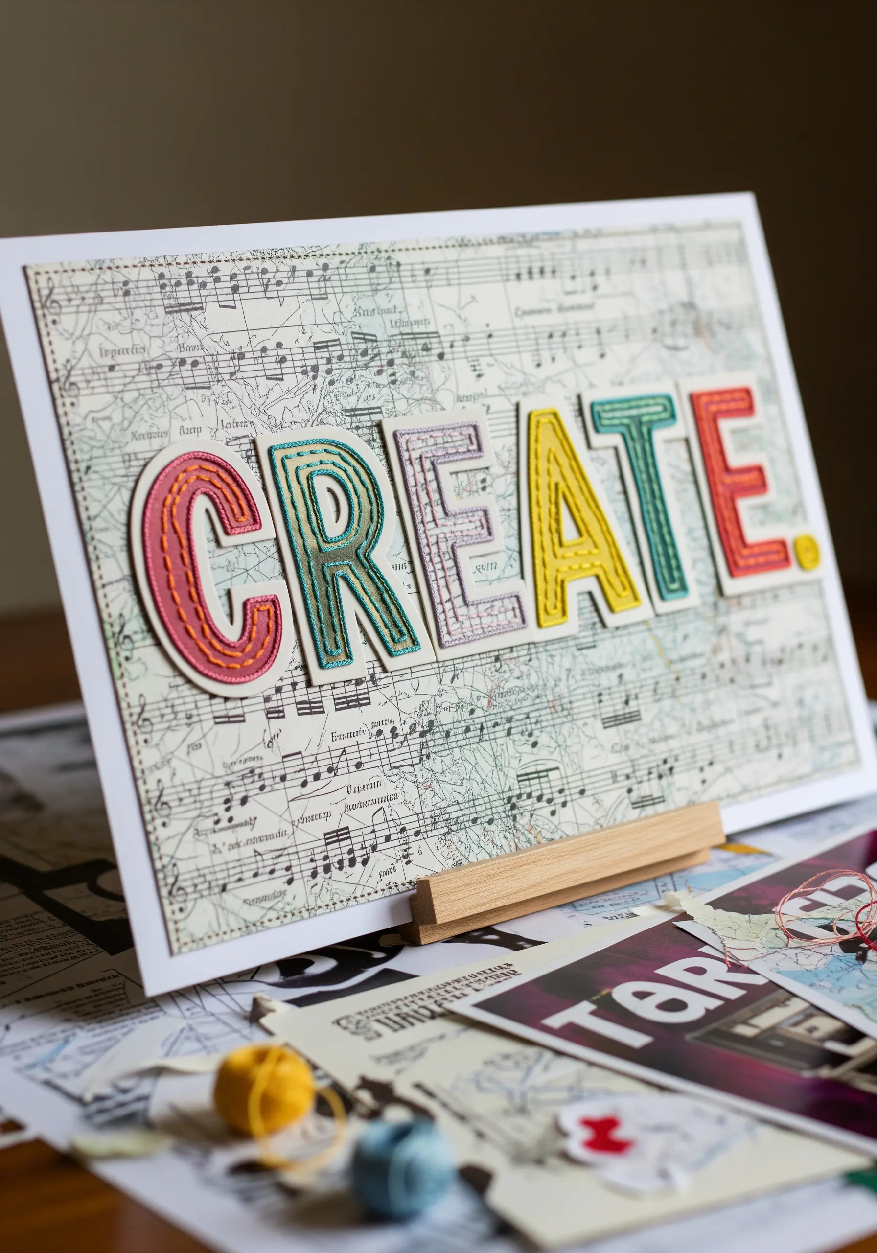 The word 'CREATE' in stitched paper letters on a background of sheet music.
