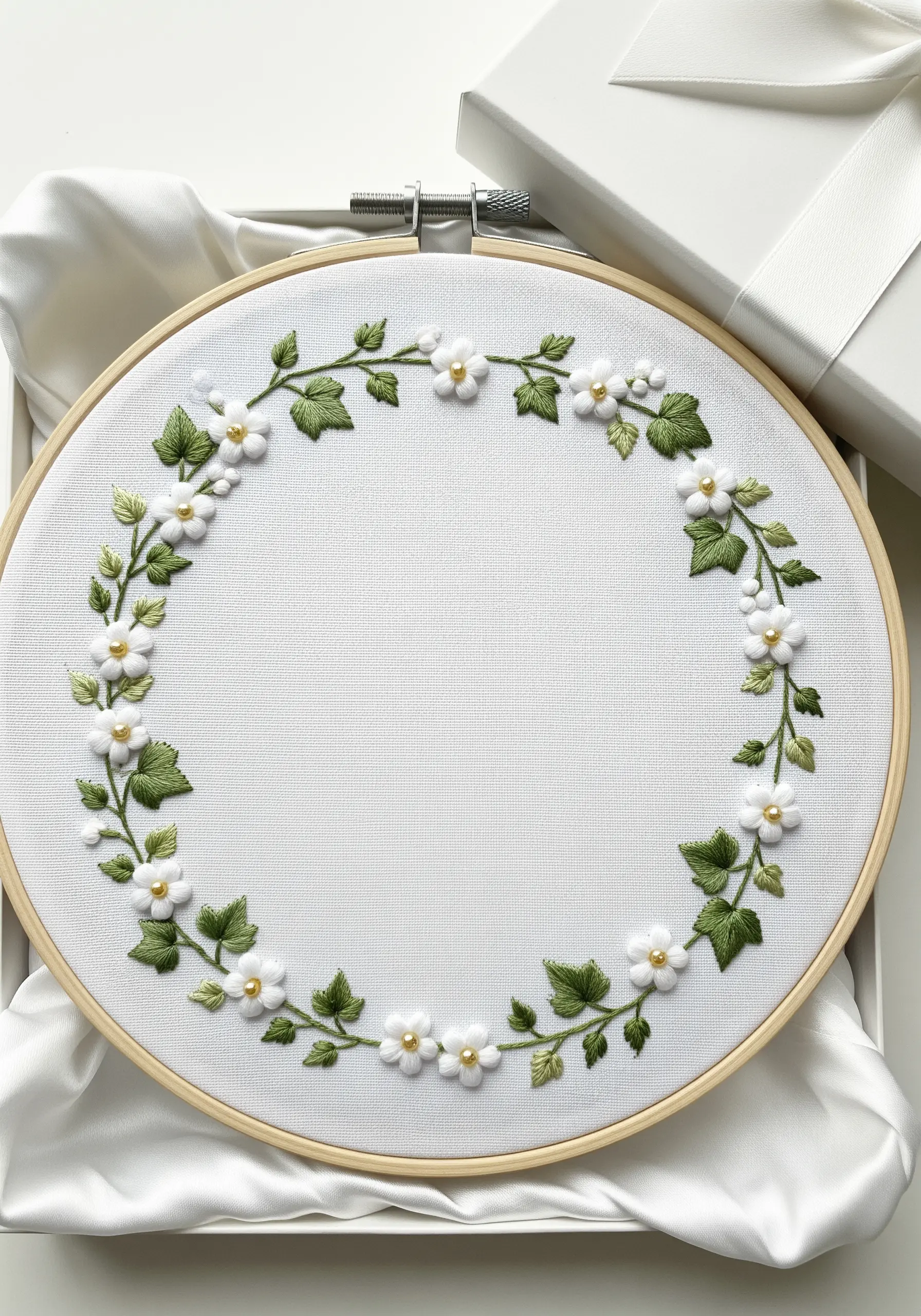A delicate wreath of white flowers with gold centers and green vines on a white background.