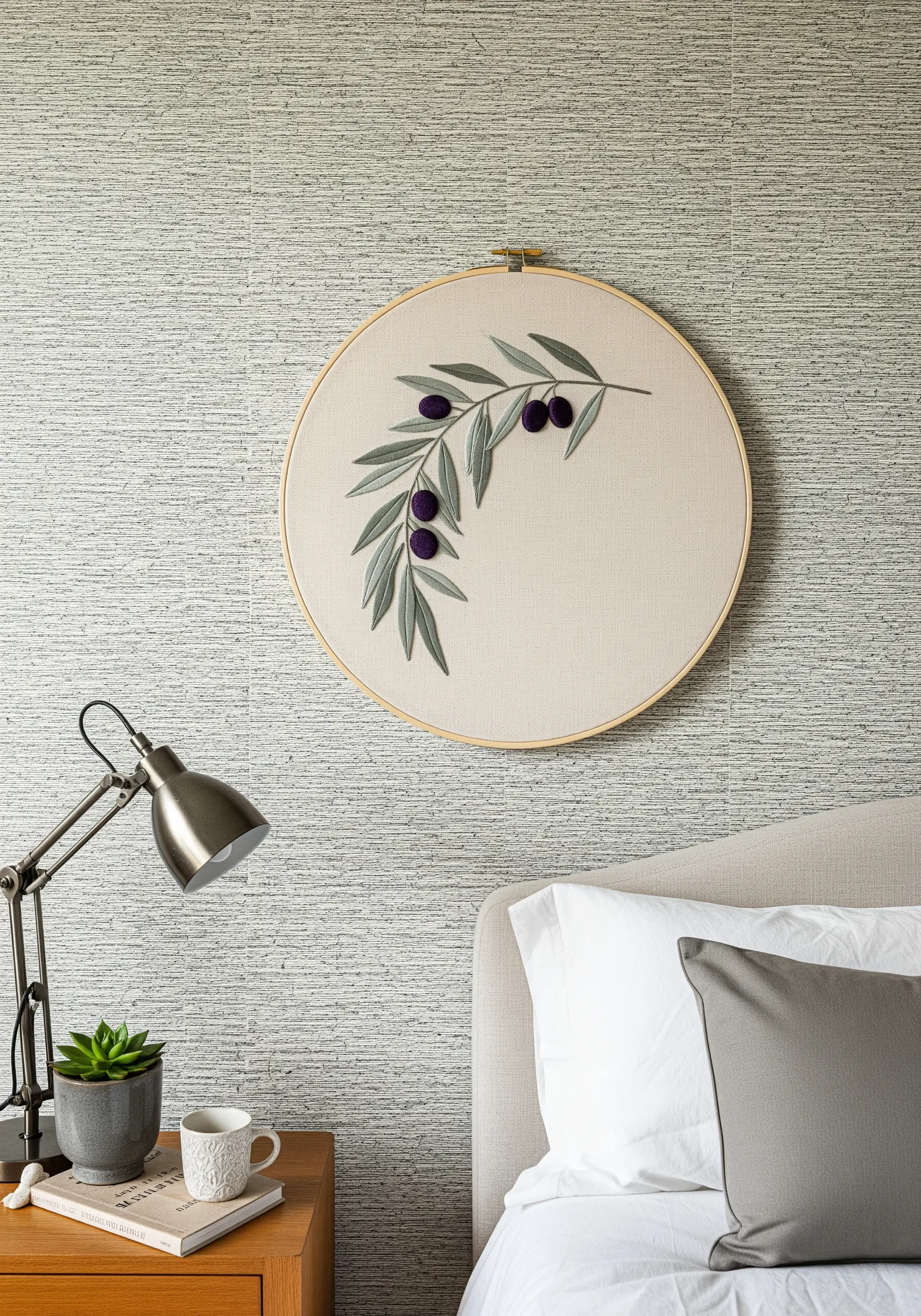 Minimalist olive branch embroidery with sage green leaves and purple olives.