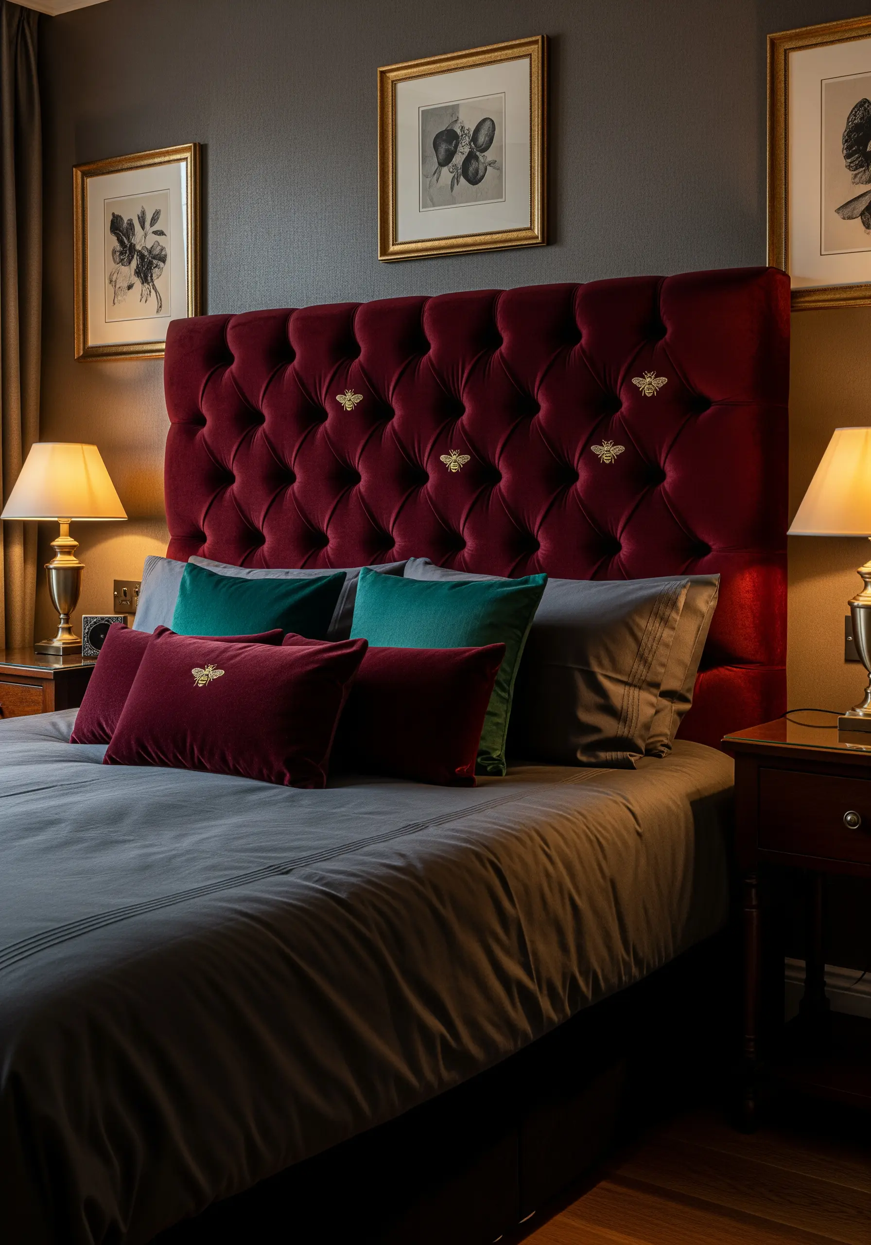 Small gold-embroidered bees on a deep red, button-tufted velvet headboard.