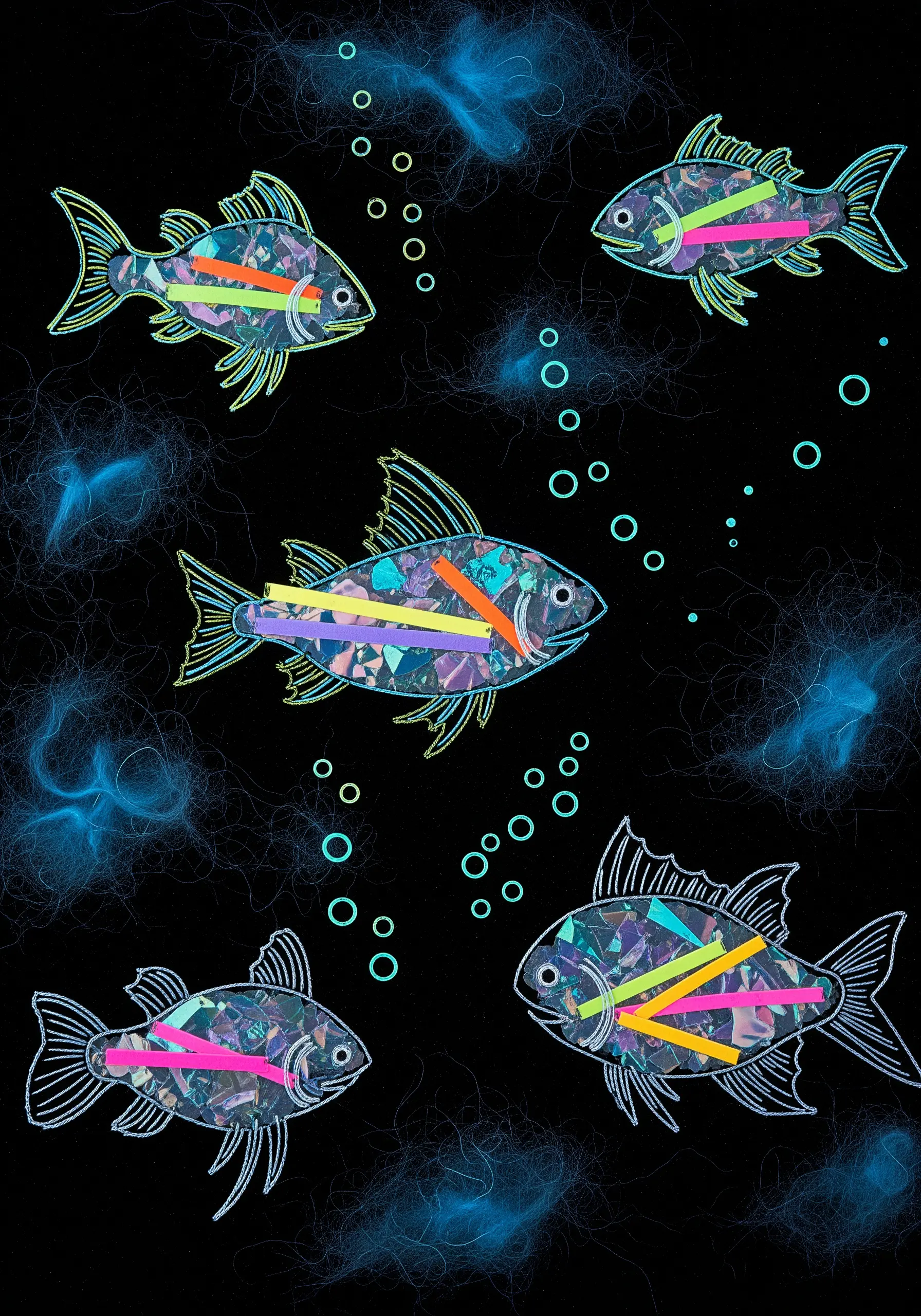 An abstract textile piece of fish with collaged bodies and loose blue fibers for water.