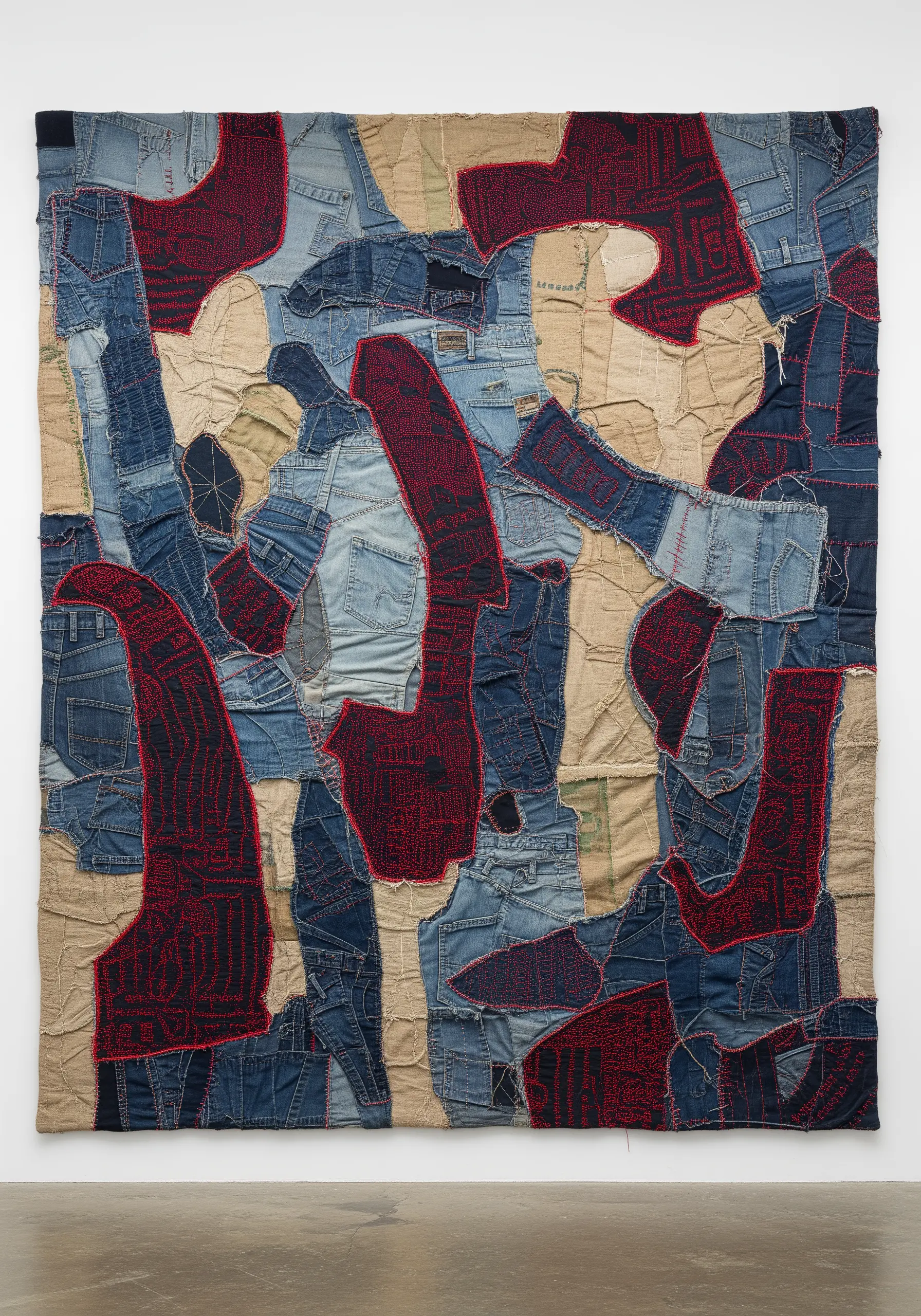 A large textile collage made of denim and canvas with abstract red stitched patterns.