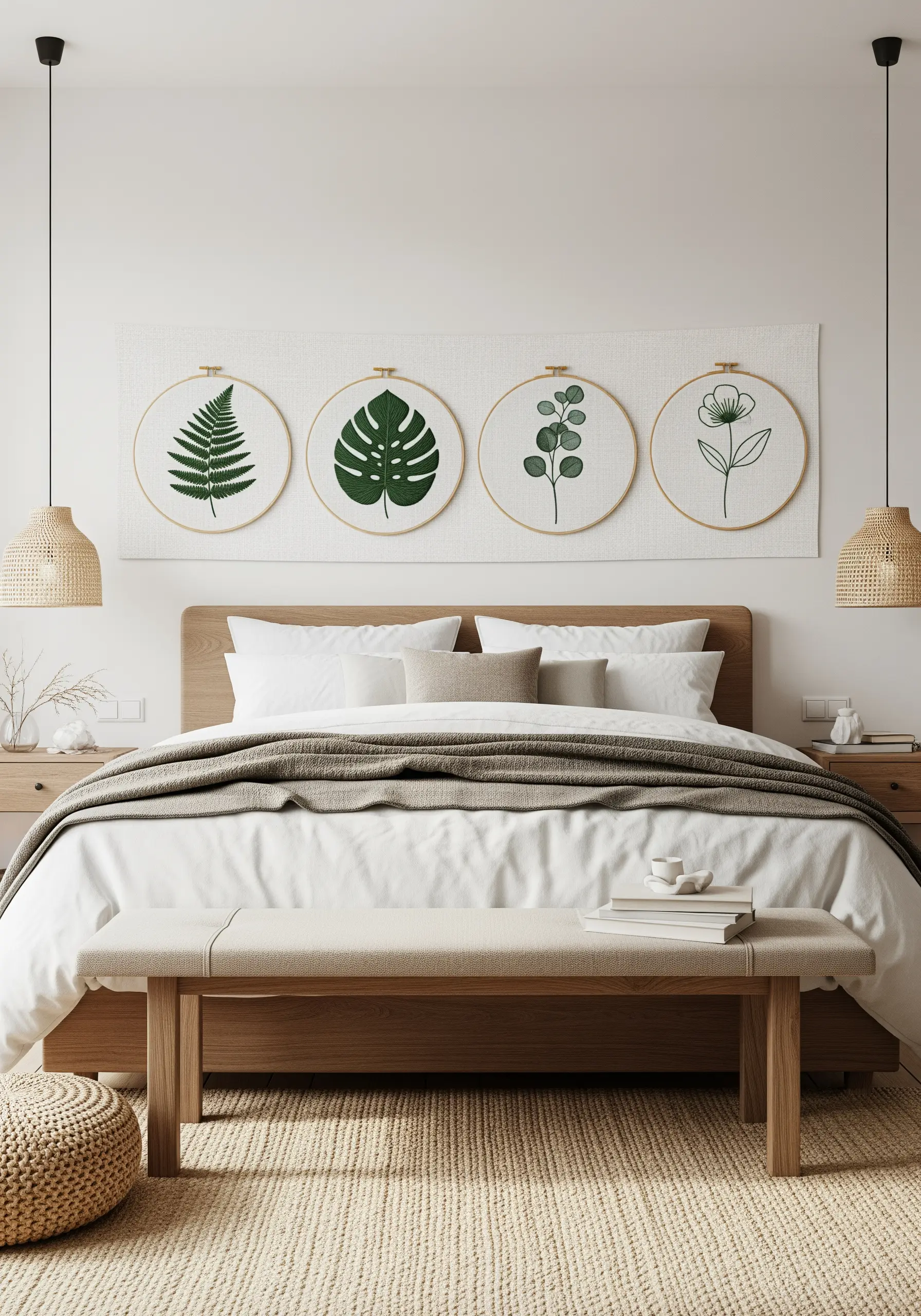 Four botanical embroidery hoops mounted horizontally on a single white panel above a bed.