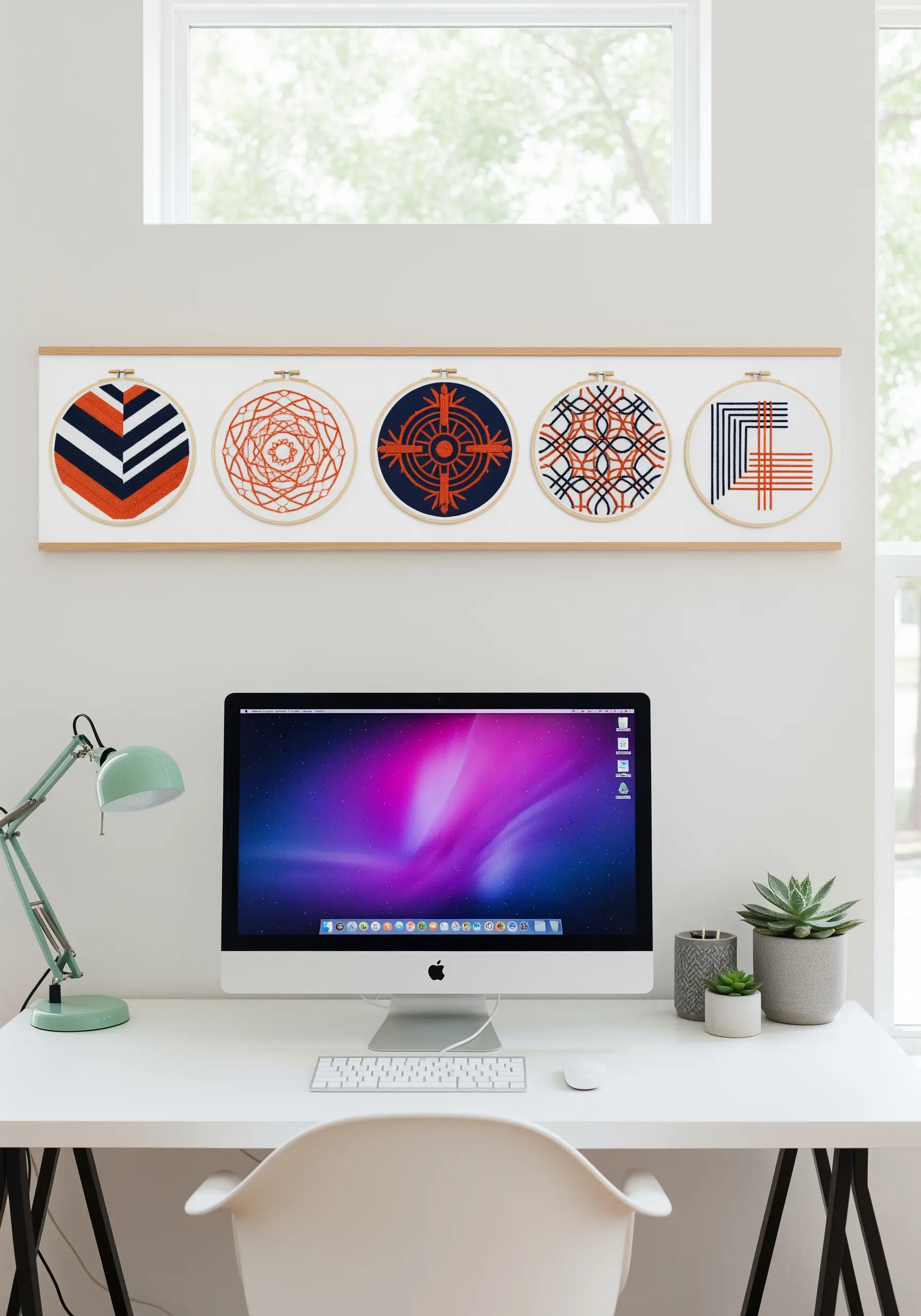 Five geometric embroidery hoops with a navy, orange, and white color scheme.
