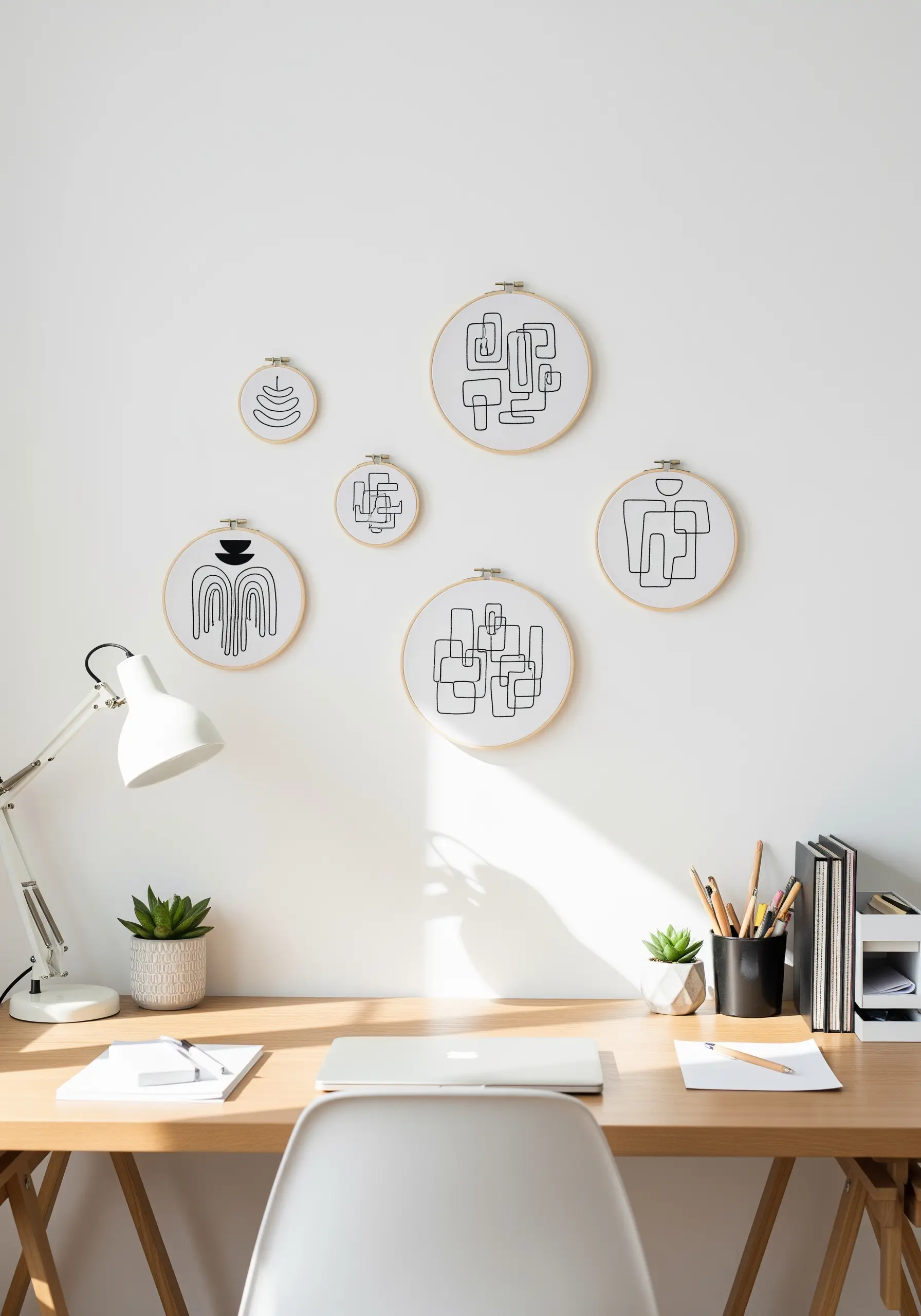 A gallery wall of six small embroidery hoops with abstract line art above a desk.