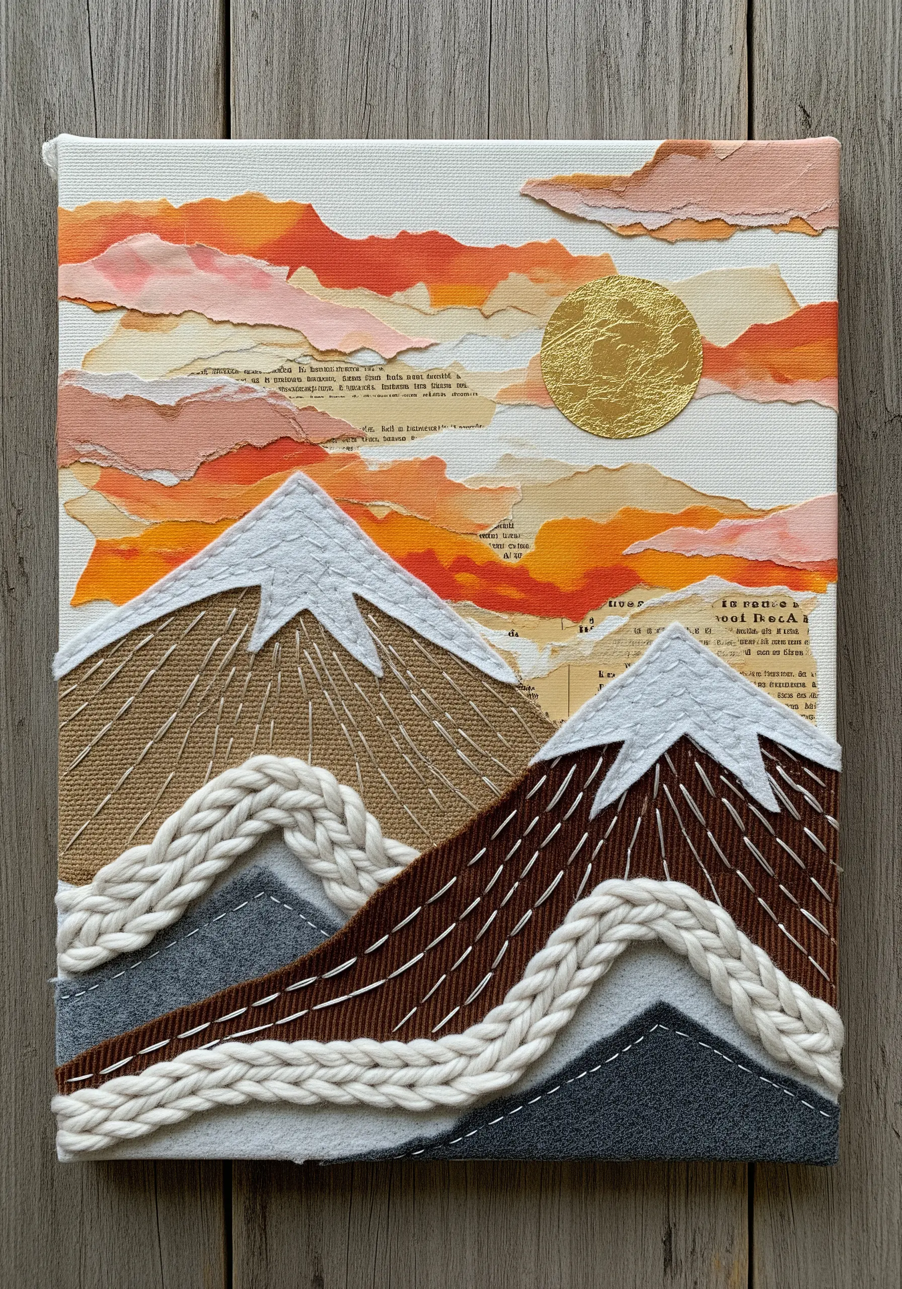 Textured collage of mountains using burlap, felt, braided yarn, and paper.