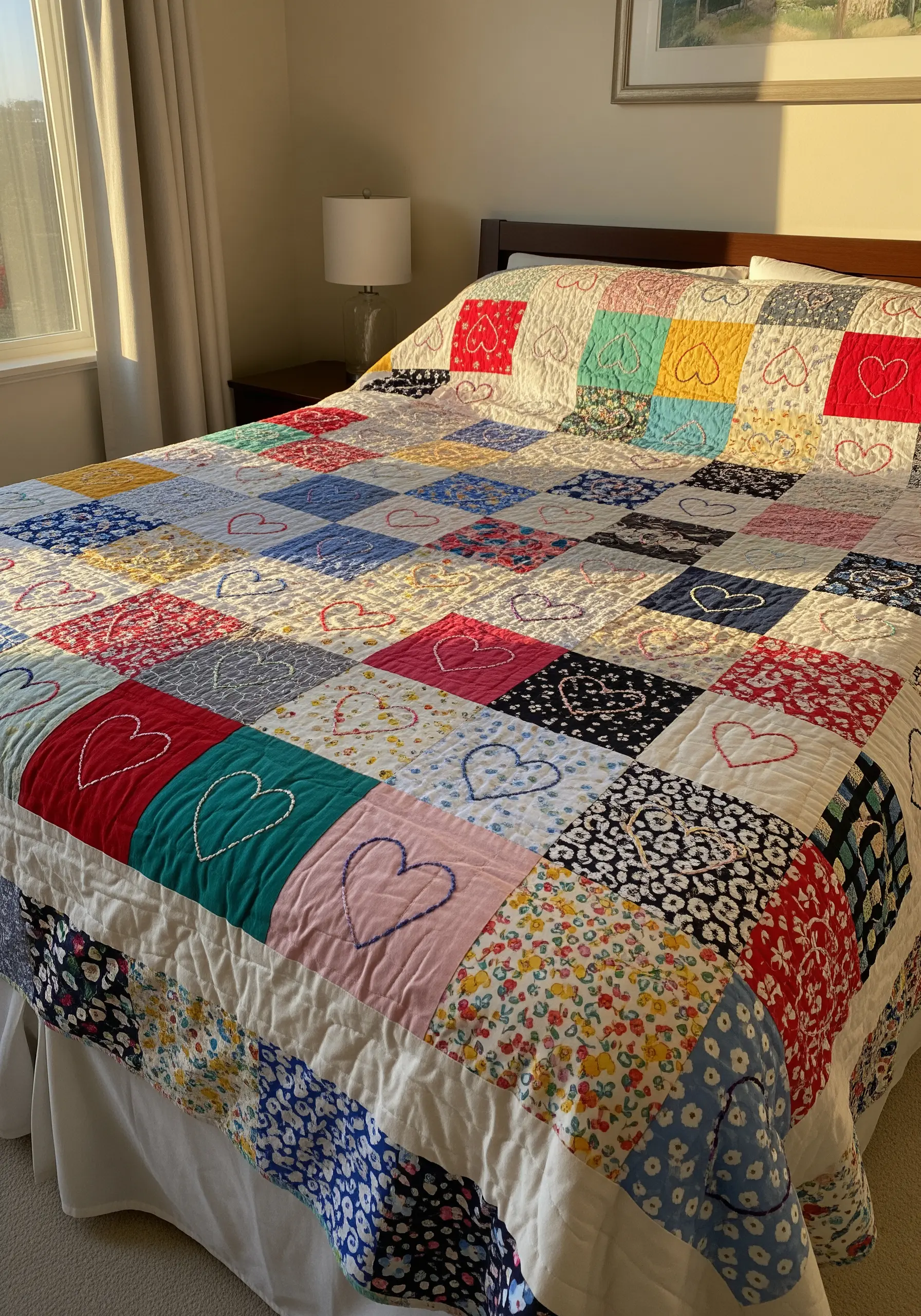A colorful patchwork quilt on a bed with simple hand-stitched hearts on some squares.