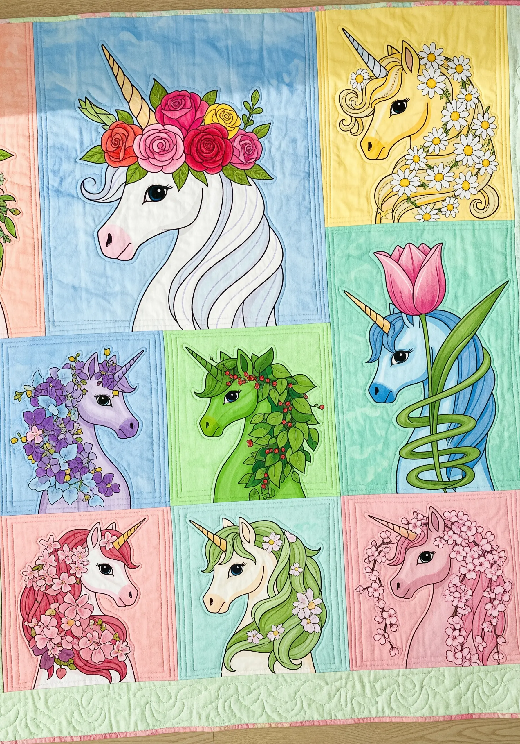 Quilt made of colorful blocks, each featuring a unicorn decorated with different flowers.
