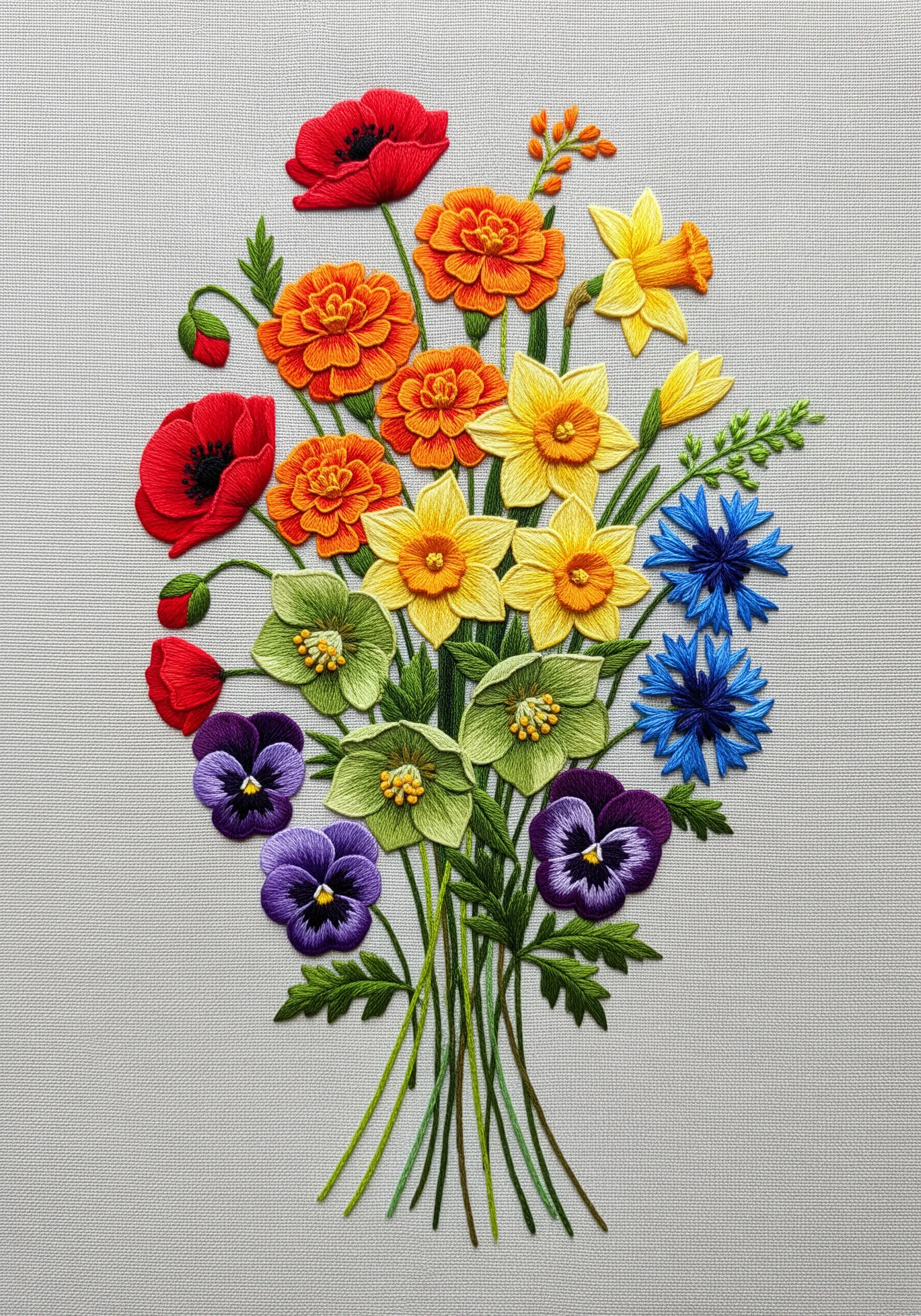 A large embroidered bouquet with a rainbow gradient of flowers like poppies and daffodils.