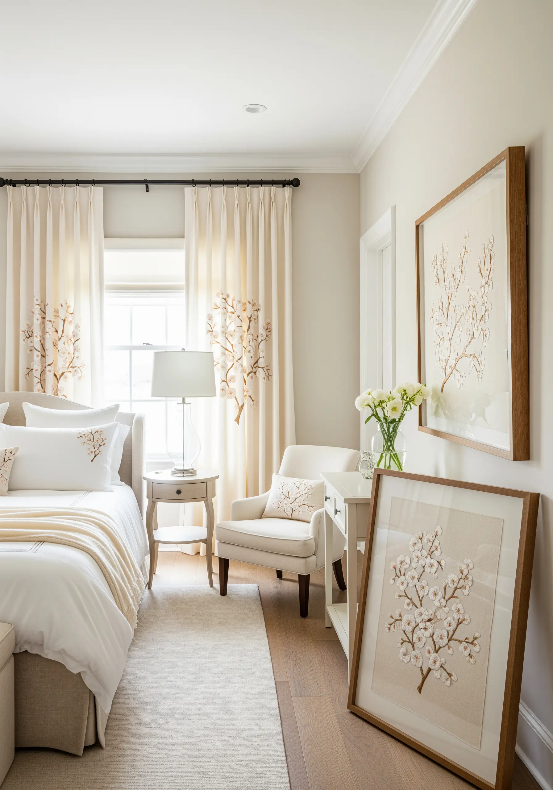 A guest room with matching cherry blossom embroidery on curtains and framed art.