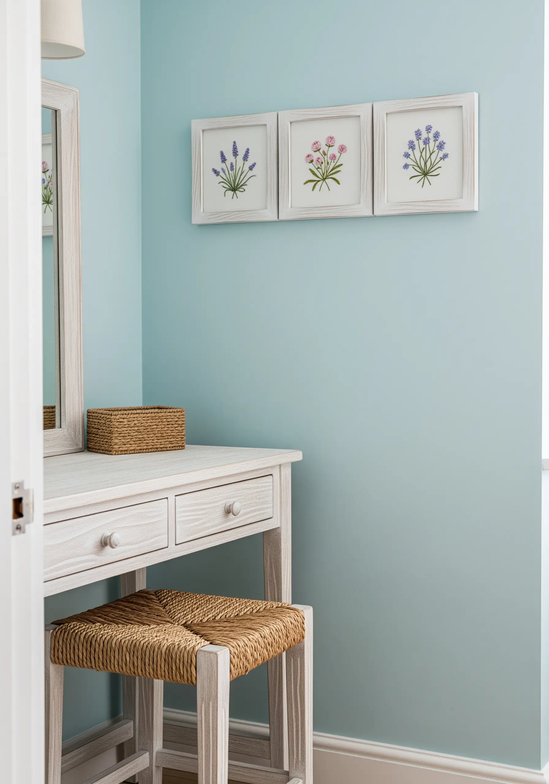 Three small floral embroideries—lavender, pink, and purple flowers—in a single white frame.