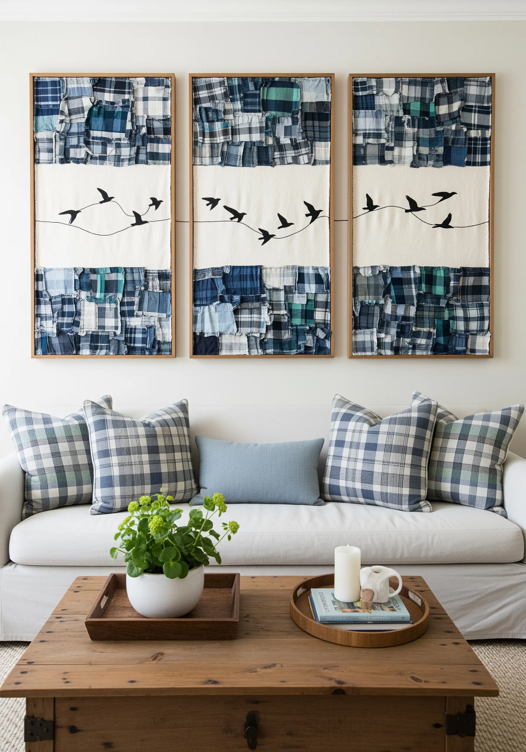 A triptych of framed fabric art with a continuous line of embroidered birds.