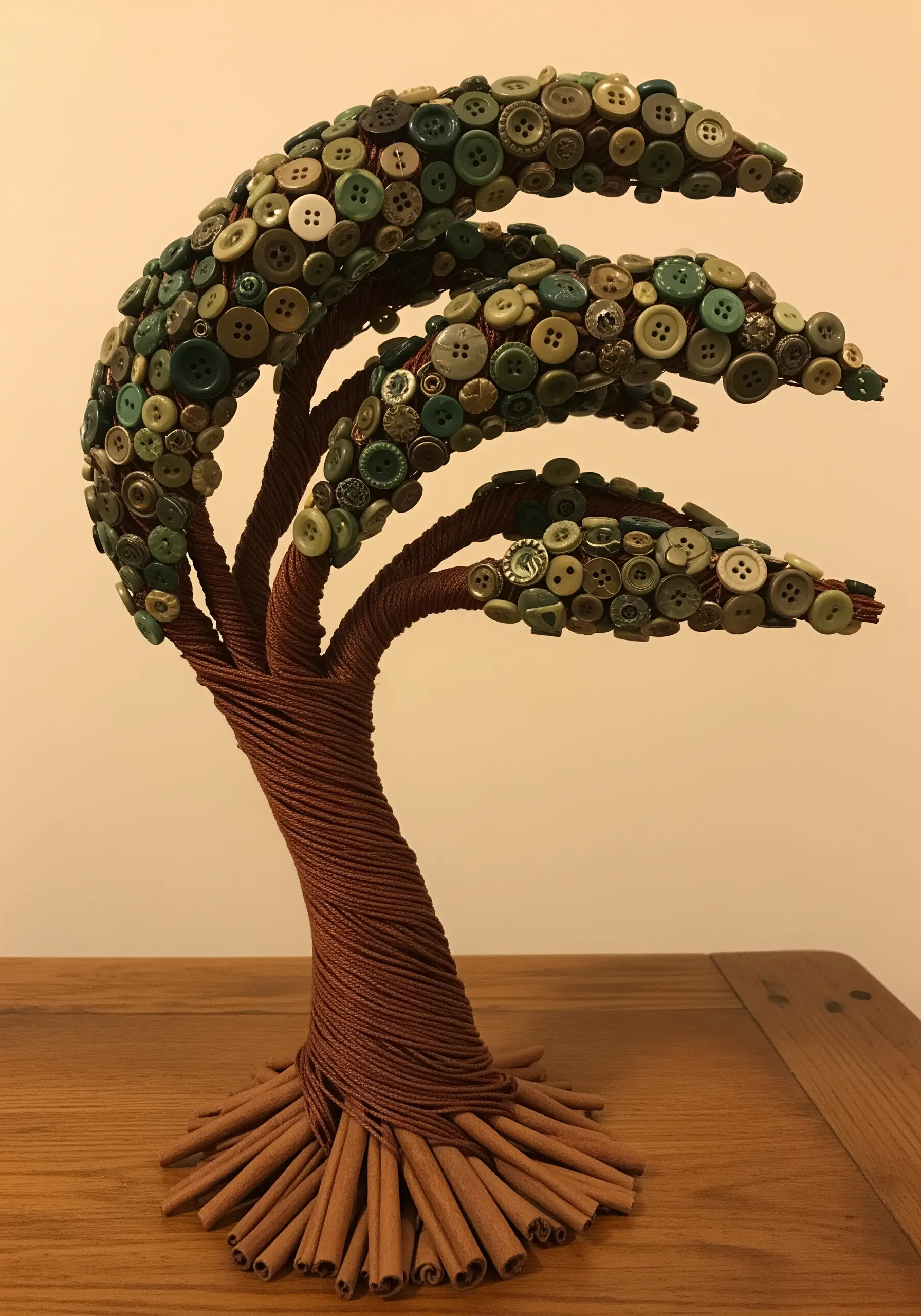 A small tree sculpture with a trunk made of wrapped brown thread and leaves made of green buttons.