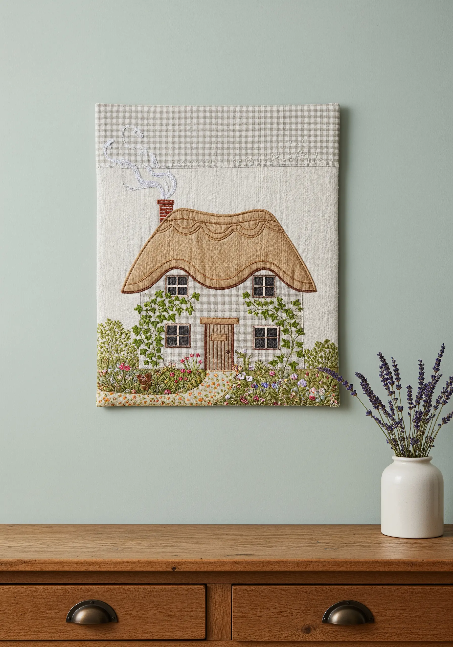 Fabric collage cottage with gingham walls, thatched roof, and embroidered vines.