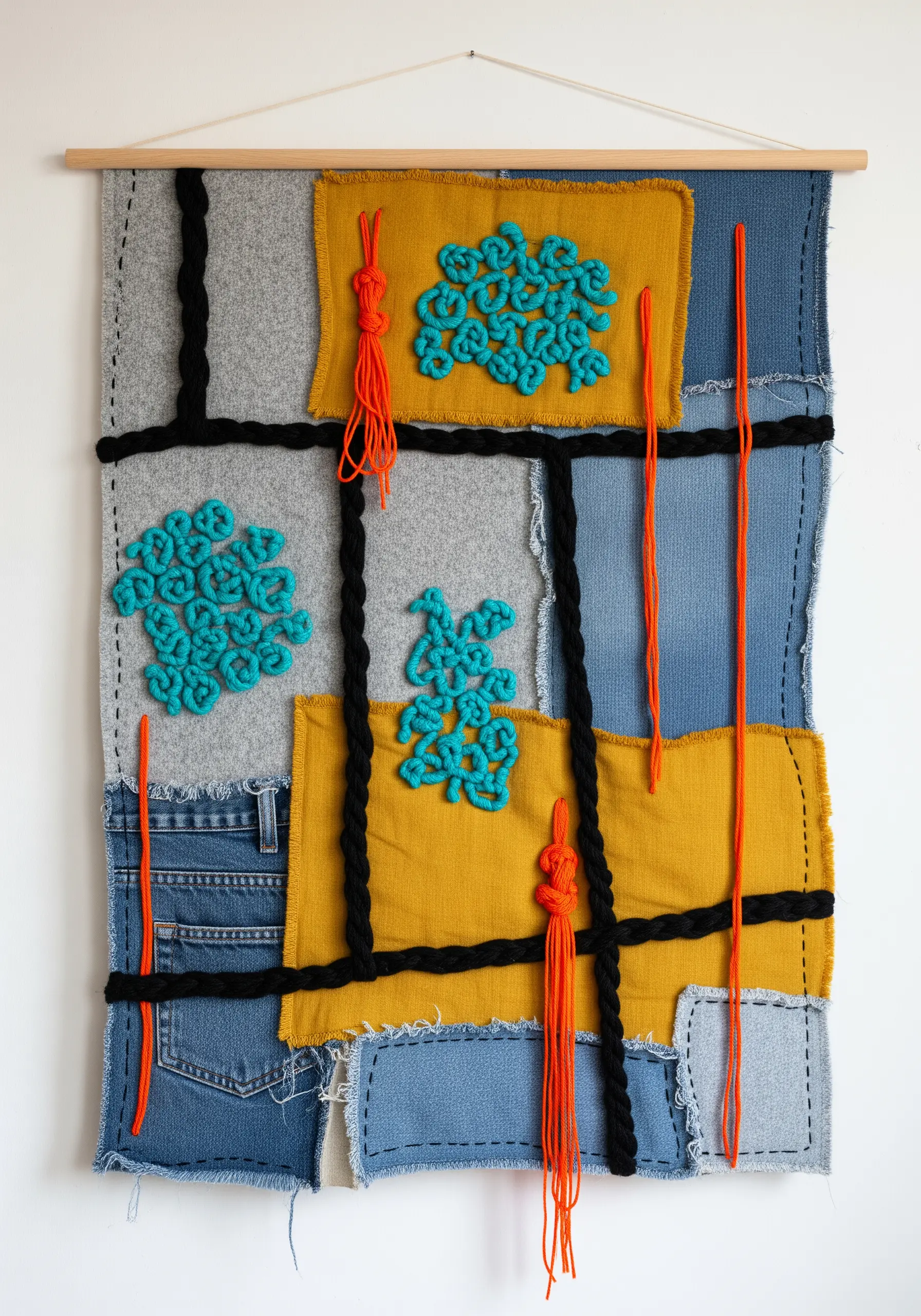Abstract wall hanging with denim, felt, and chunky yarn couching in blue, yellow, and red.