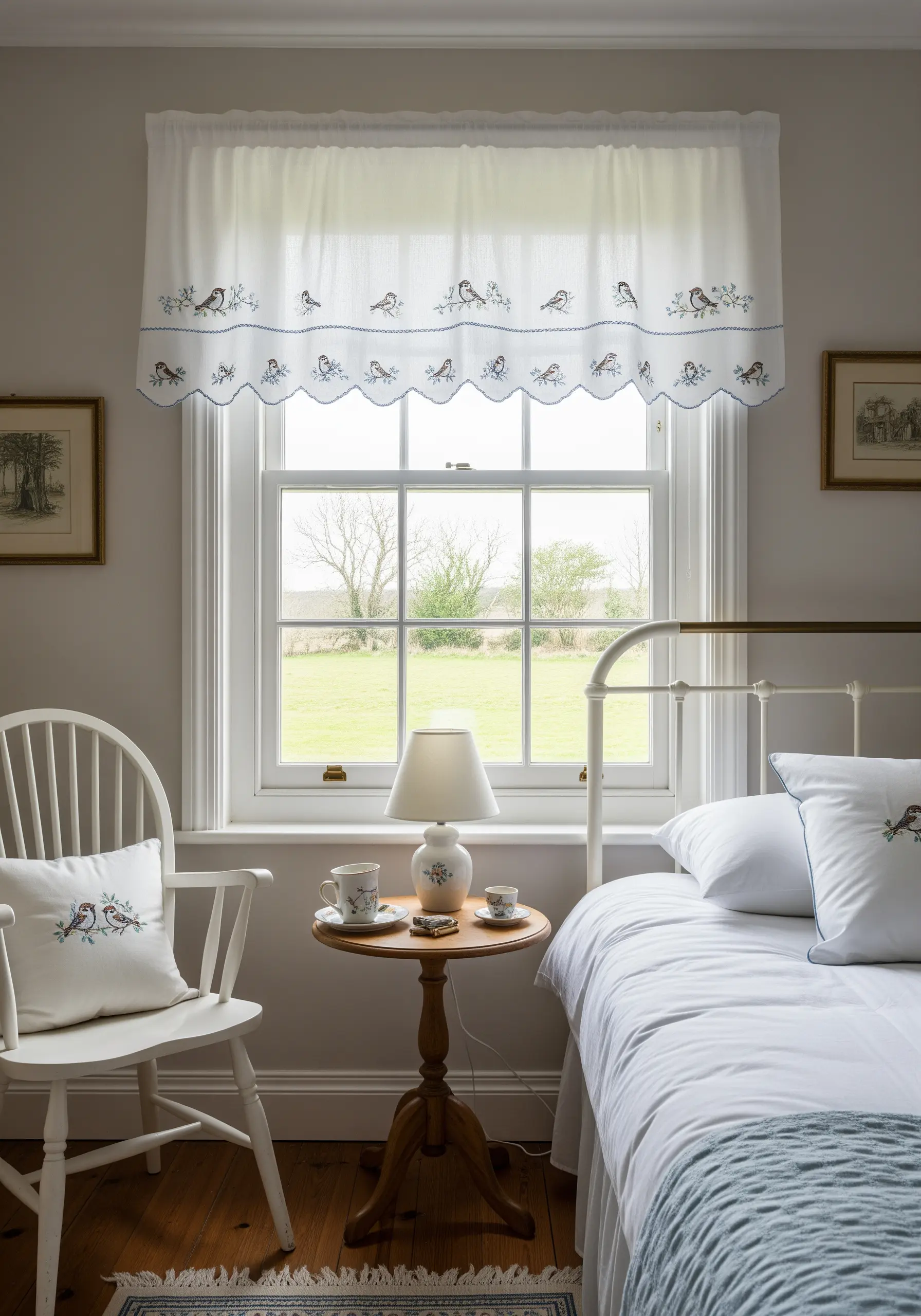 A window valance and pillow embroidered with a matching blue bird motif.