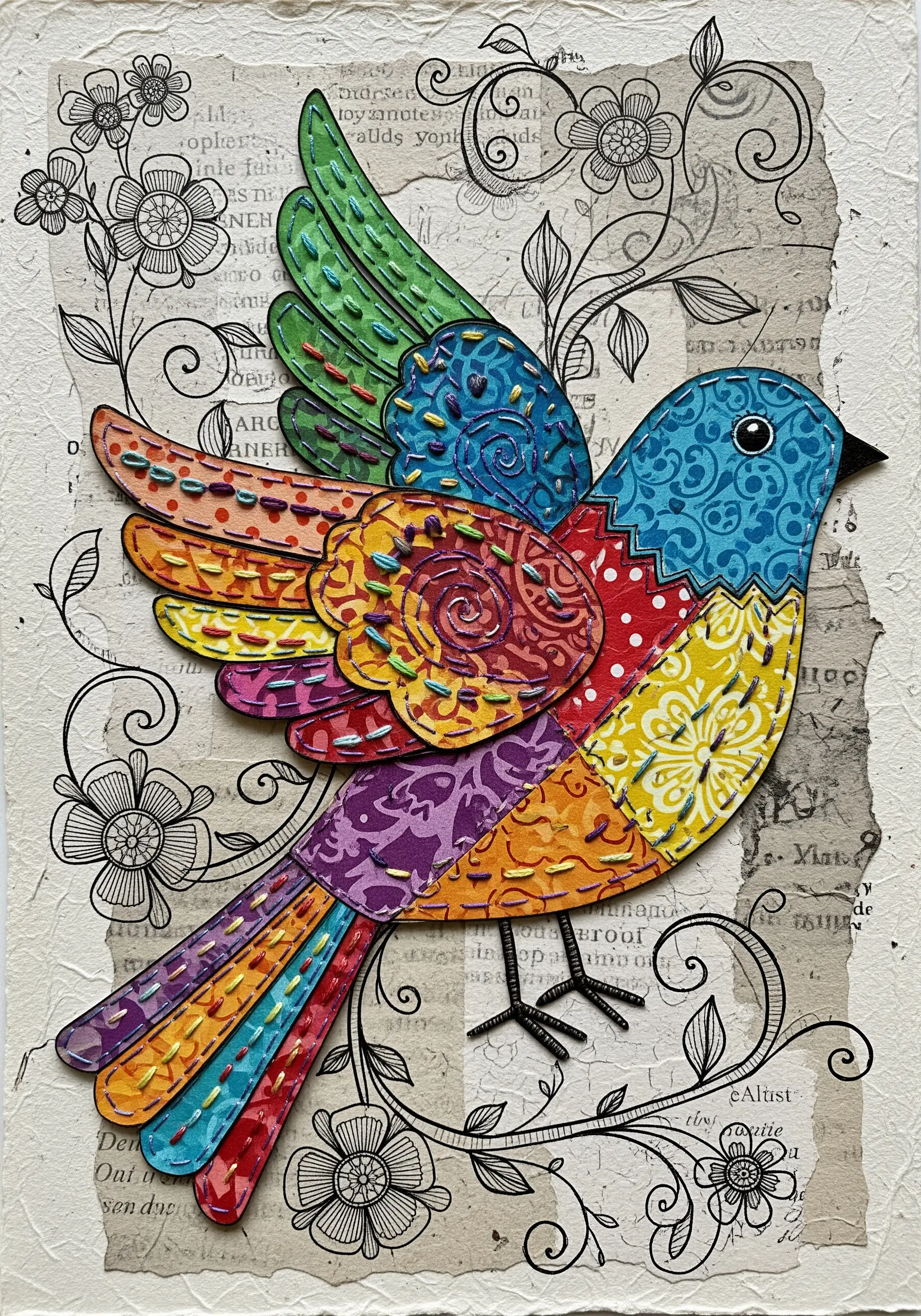 A colorful bird made from patchwork paper, with decorative running stitches defining each piece.