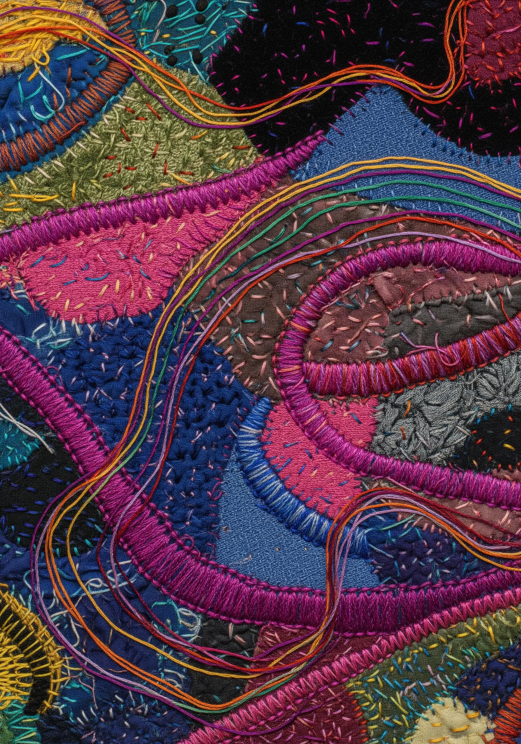 Colorful abstract fabric patchwork held together with dense, decorative embroidery stitches.