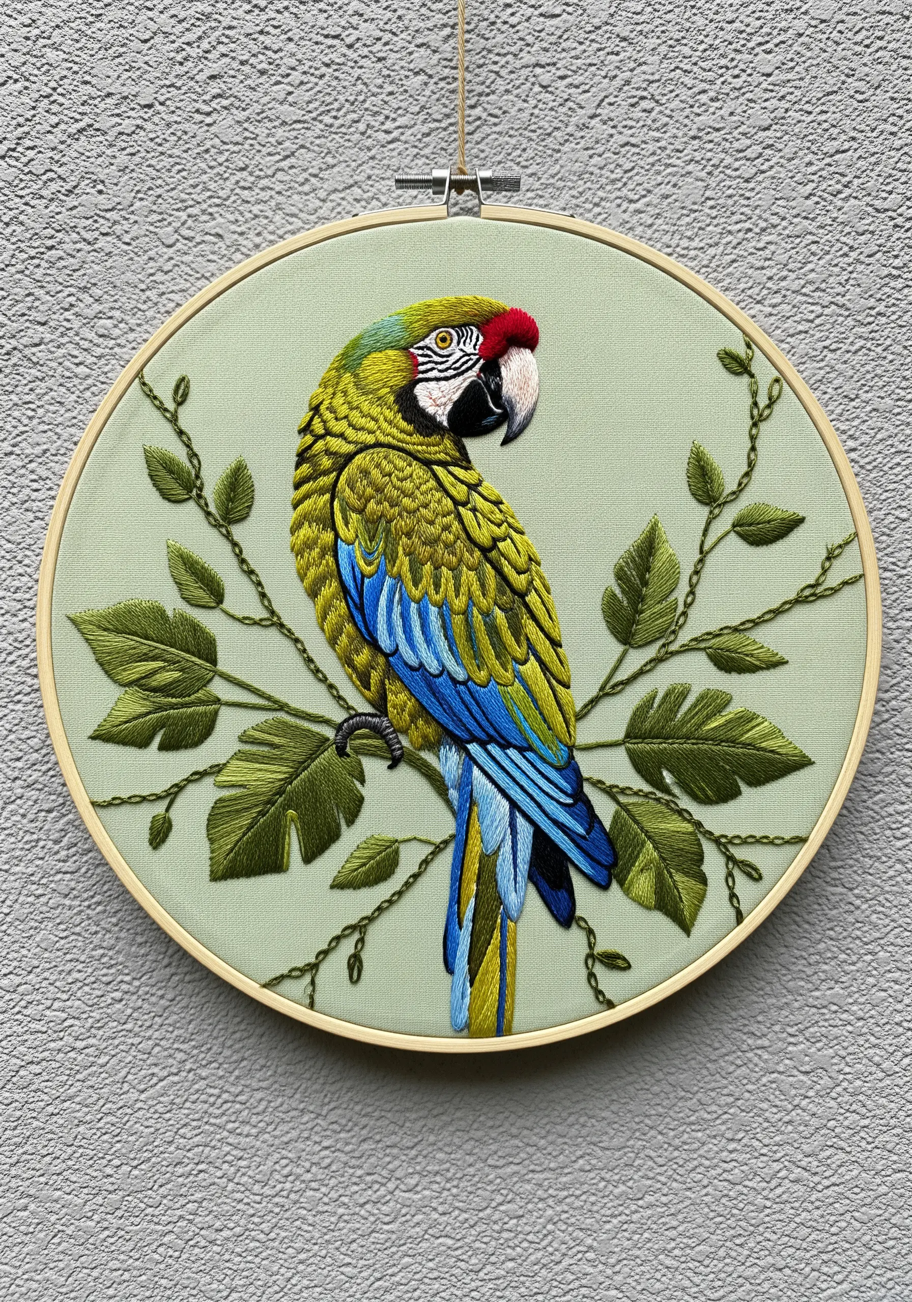 A green and blue macaw embroidered on a soft, sage-green fabric background.