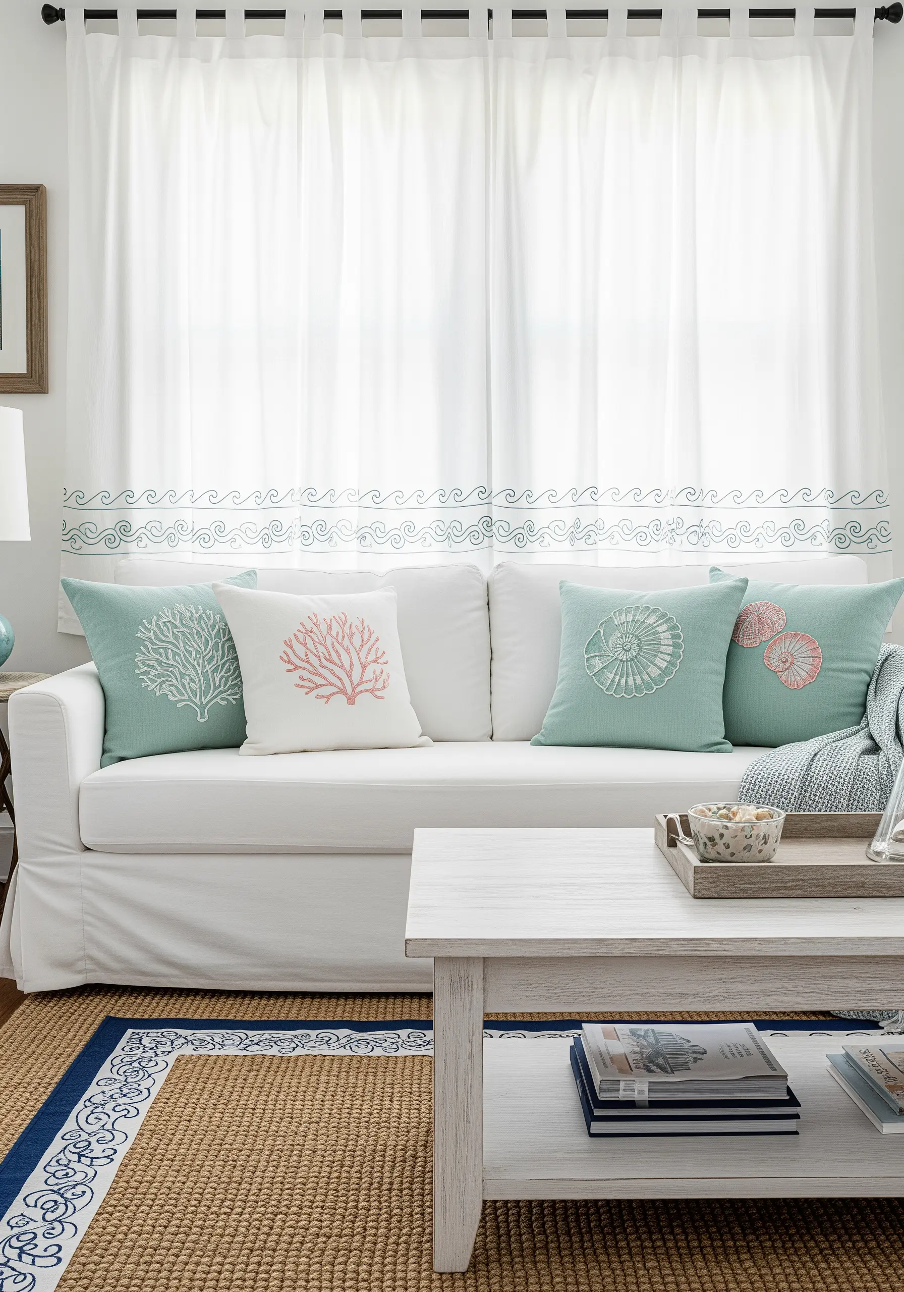 Coastal-themed embroidered pillows in seafoam and coral on a white sofa.