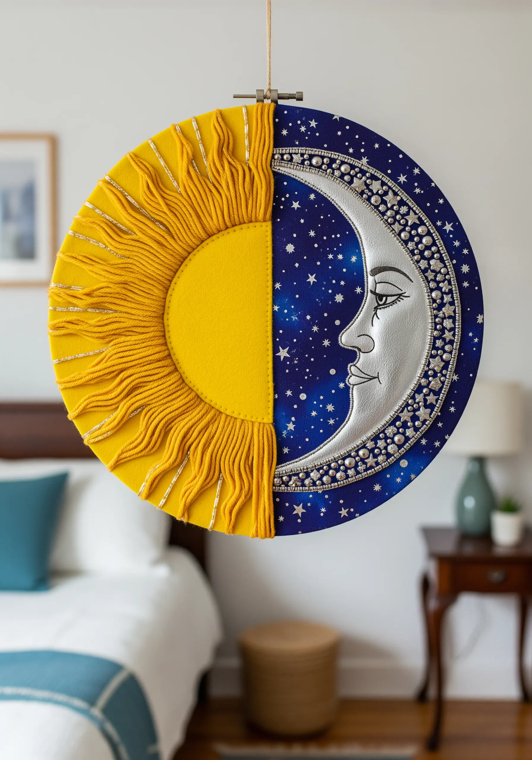 A split hoop art piece with a yarn-wrapped sun and a beaded faux leather moon.