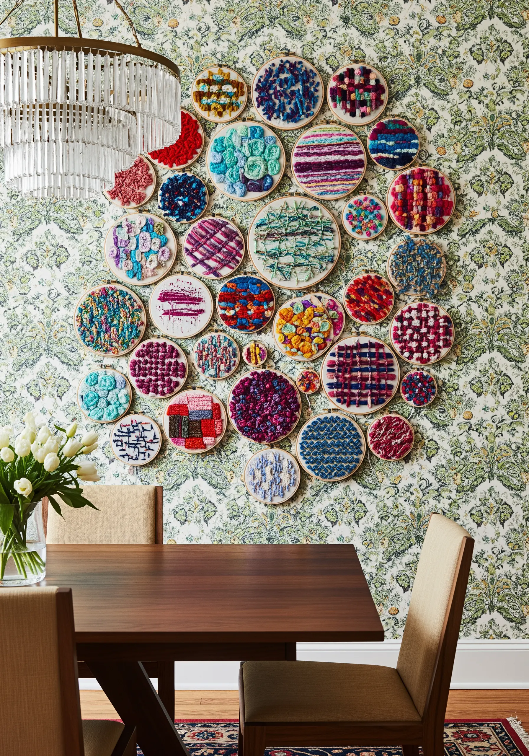 A dense gallery wall of abstract embroidery hoops with varied textures and colors over patterned wallpaper.