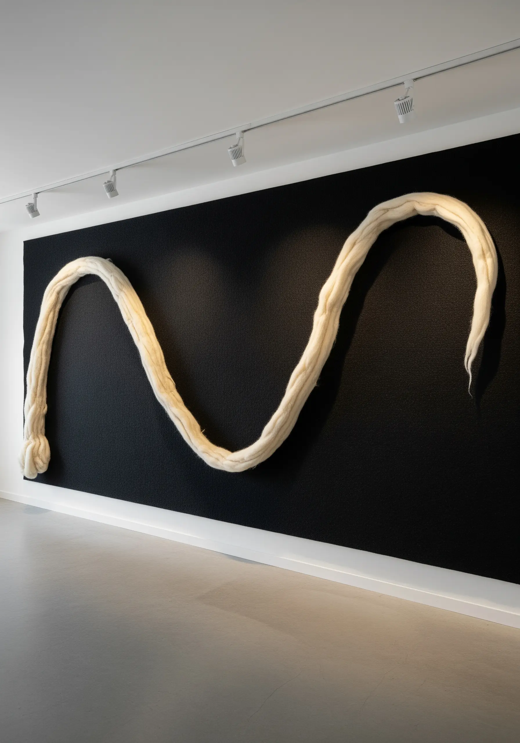 A single, thick line of unspun wool roving couched onto a black wall.