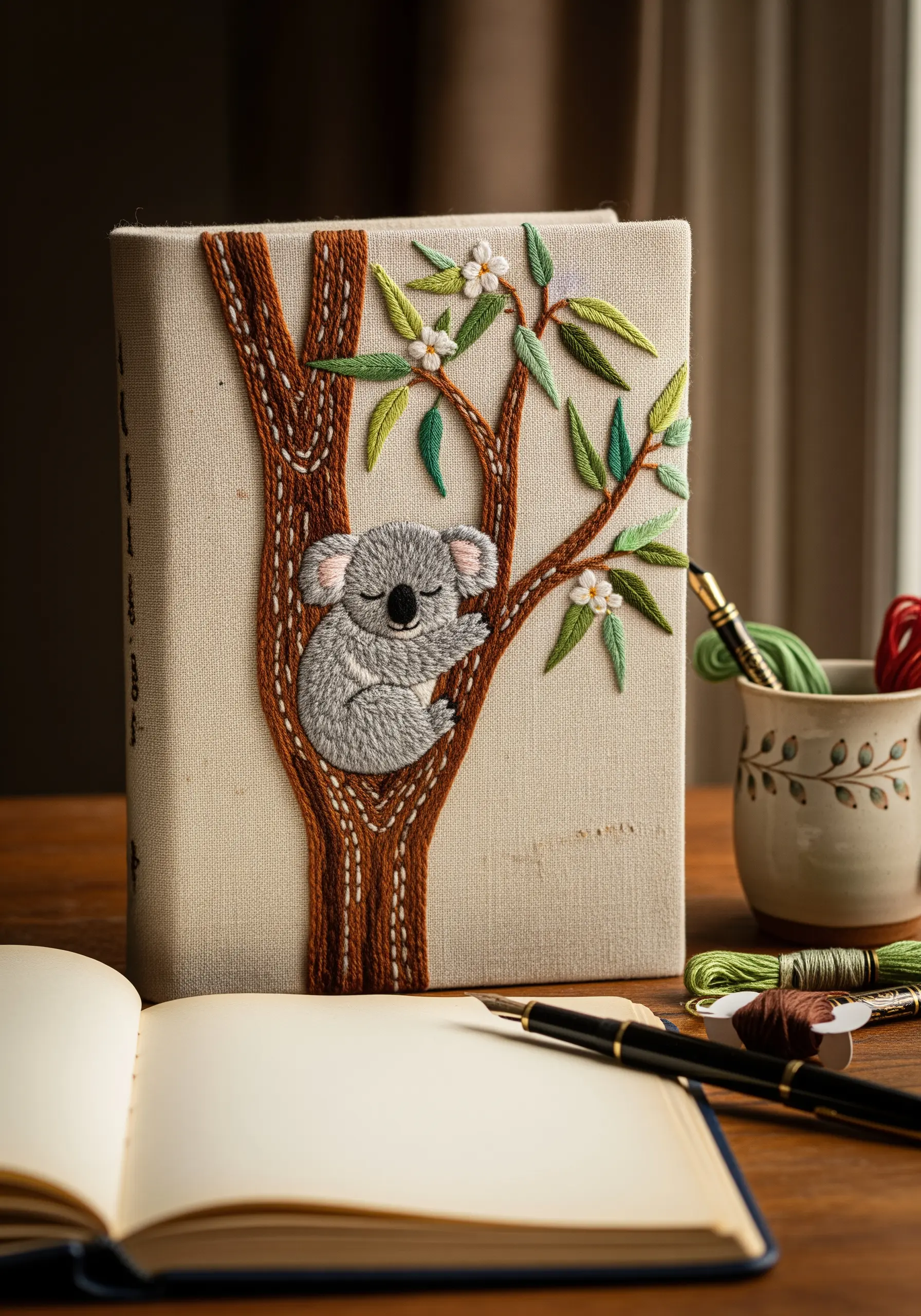 A sleeping koala with textured fur, stitched onto a dimensional tree on a fabric book cover.