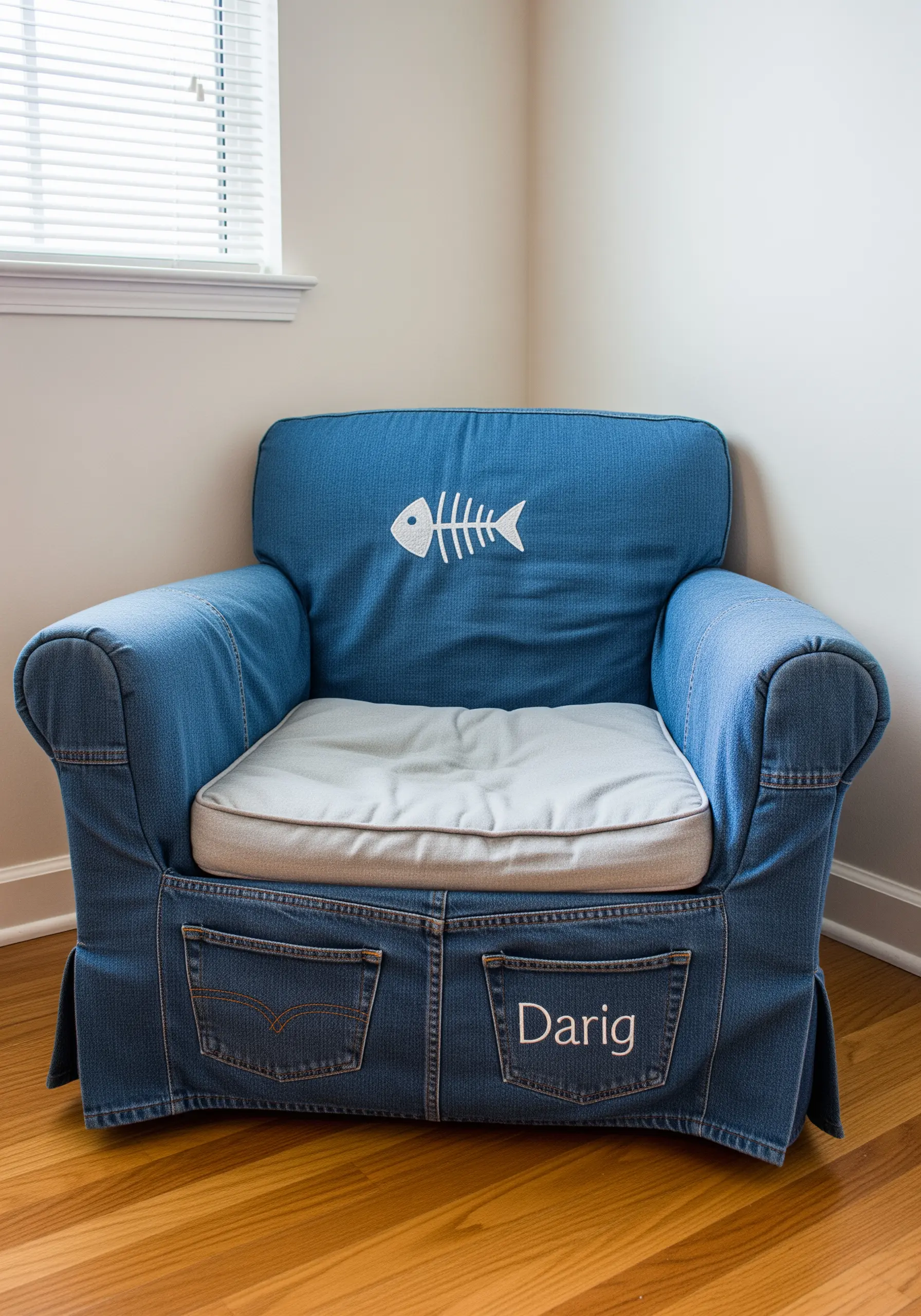 A small armchair reupholstered in denim, featuring jean pockets and an embroidered name.