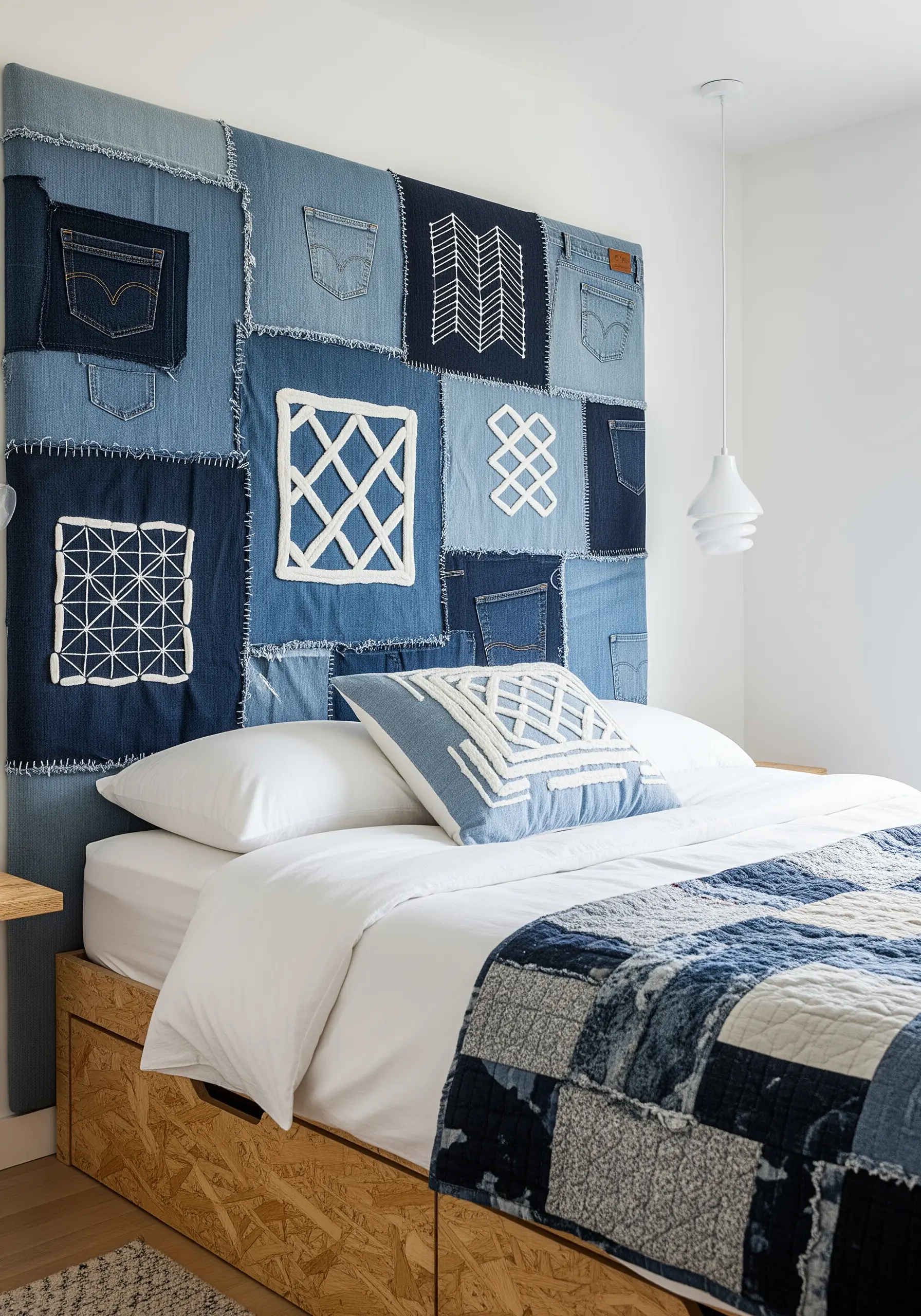 A patchwork headboard made from denim squares with white Sashiko-style geometric embroidery.