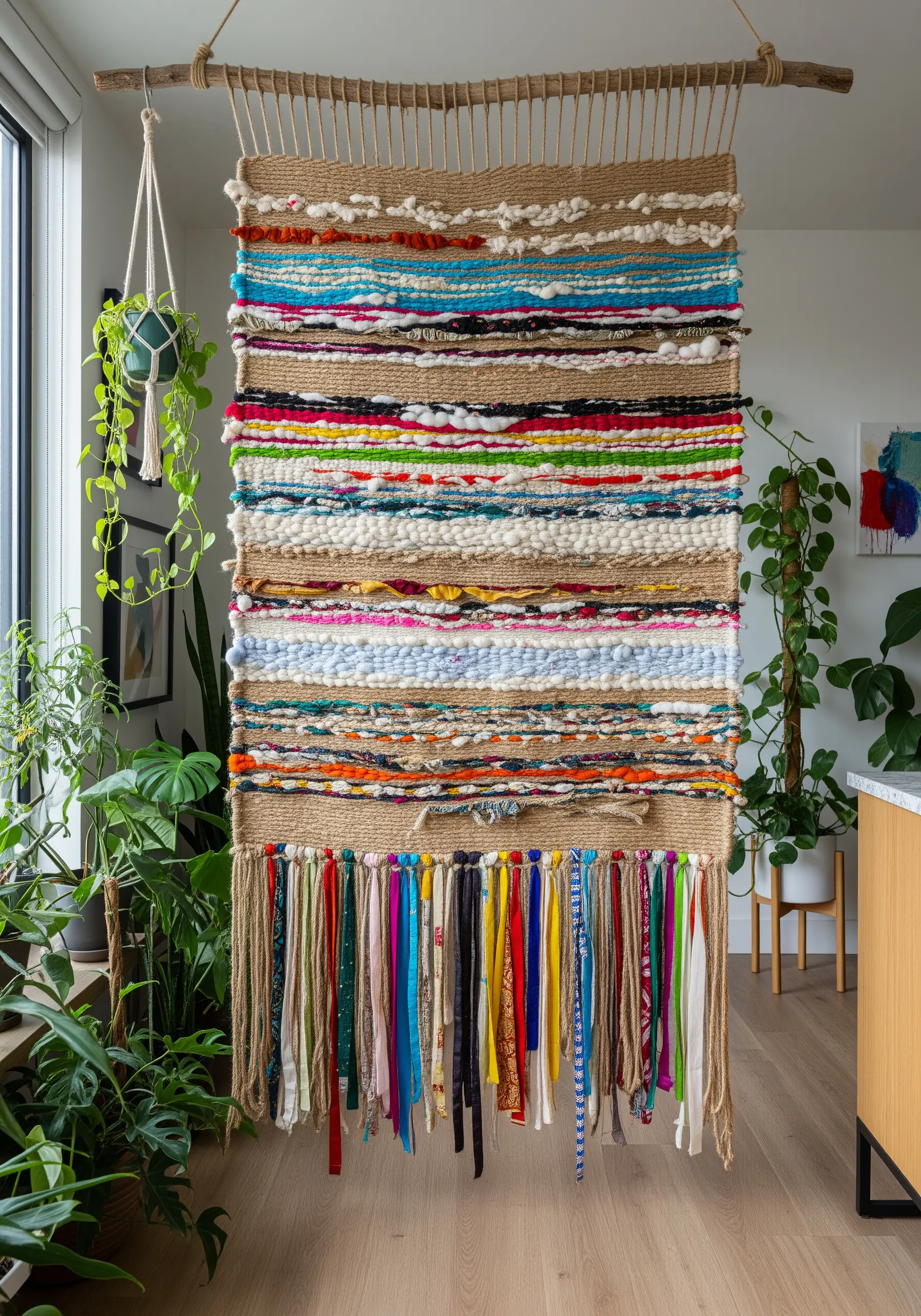 A large, colorful woven wall hanging made from a mix of scrap fabrics, ribbons, and yarns.
