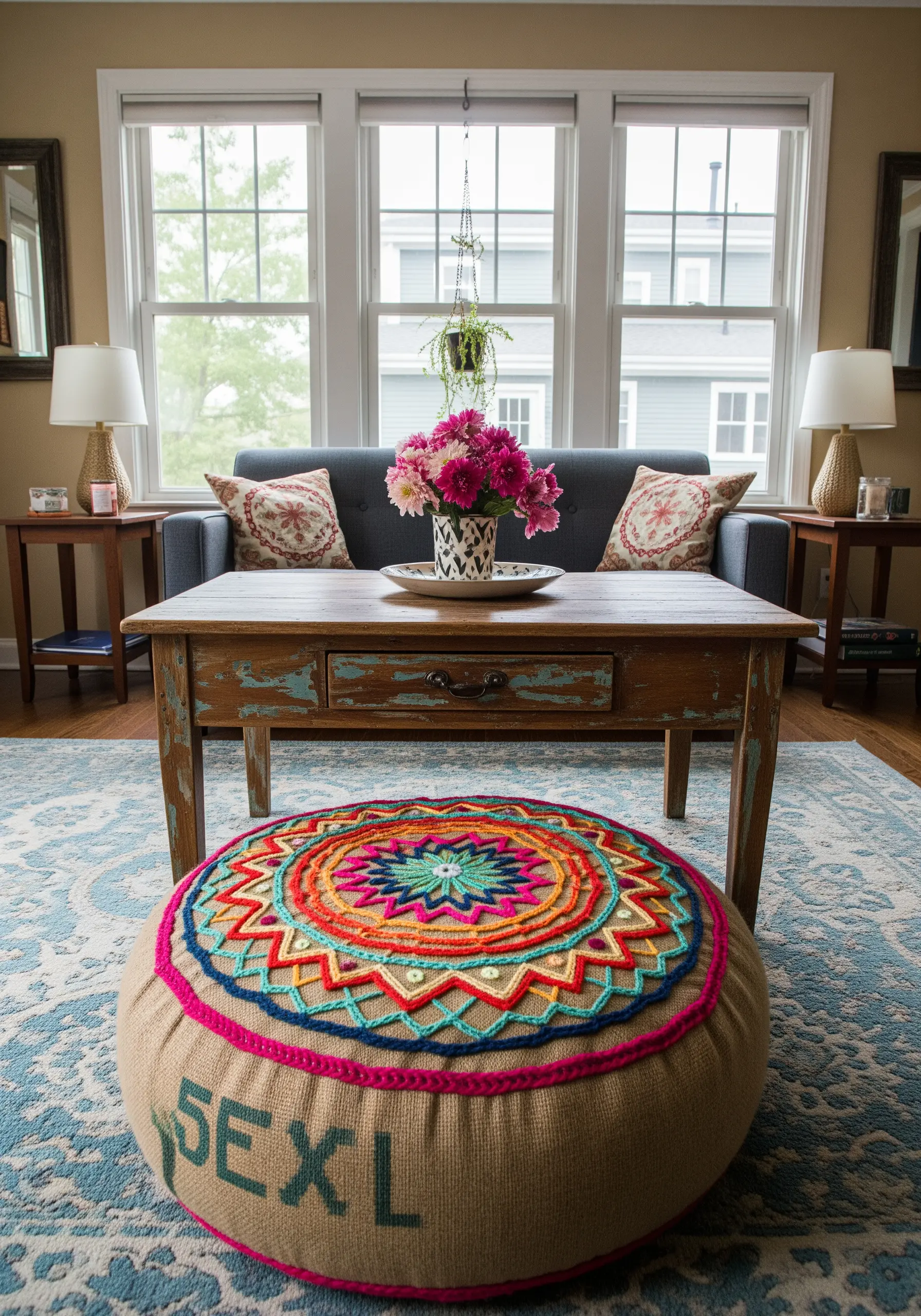 A burlap pouf decorated with a colorful, chunky yarn mandala design.
