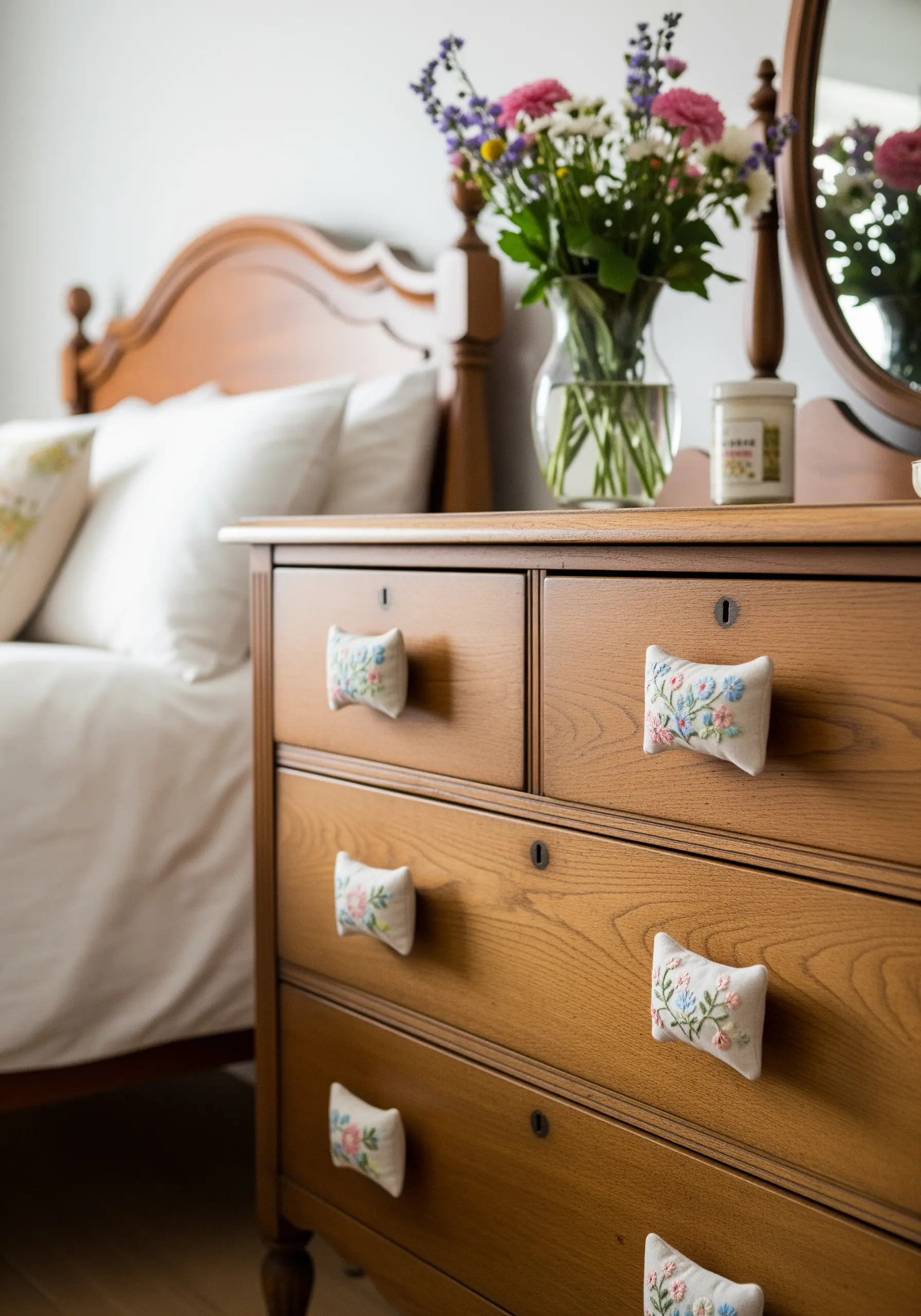 Wooden dresser with drawer pulls wrapped in tiny floral embroidered fabric.