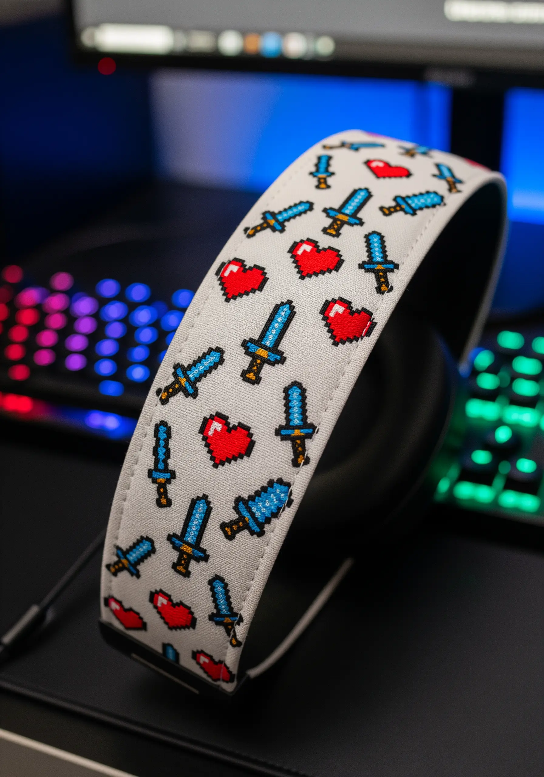 Headphone band decorated with cross-stitched pixel art of hearts and swords.