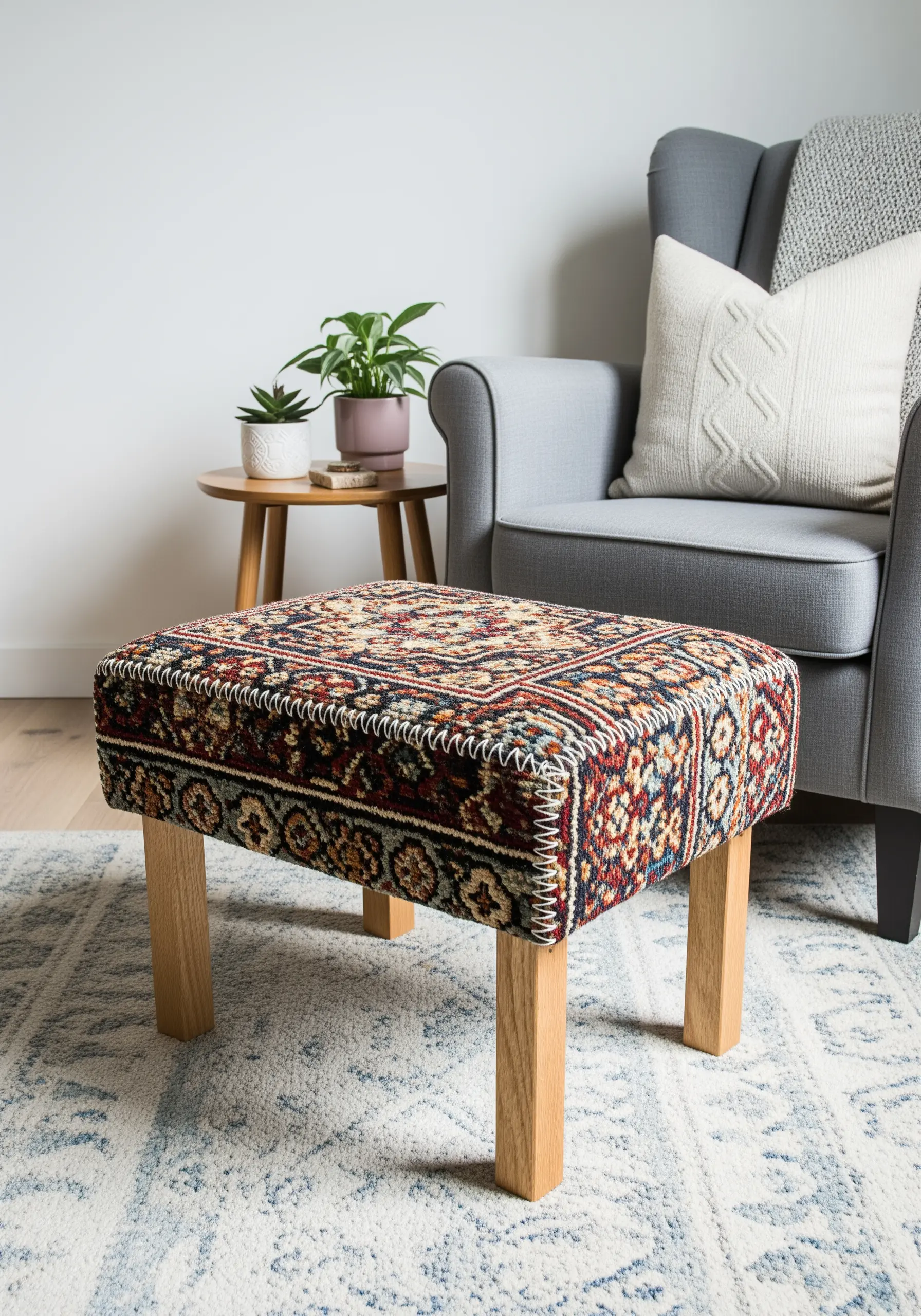 A wooden footstool reupholstered with a vintage-patterned carpet, finished with a visible whipstitch.