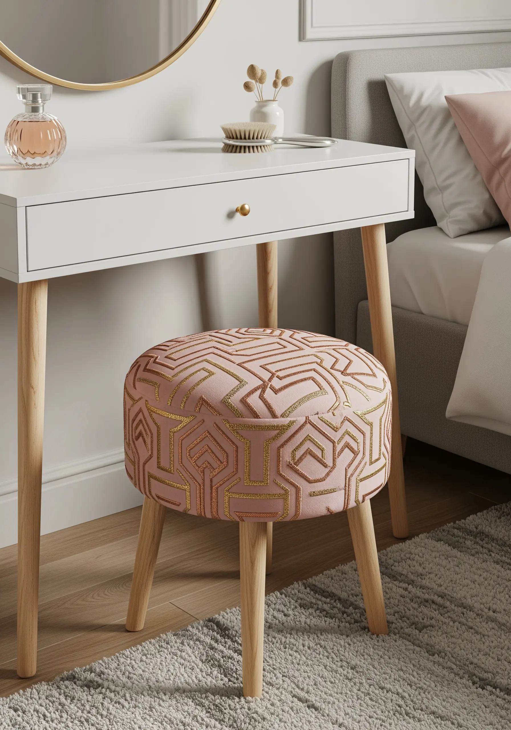 A pink upholstered vanity stool with a geometric Art Deco pattern embroidered in shimmering gold thread.