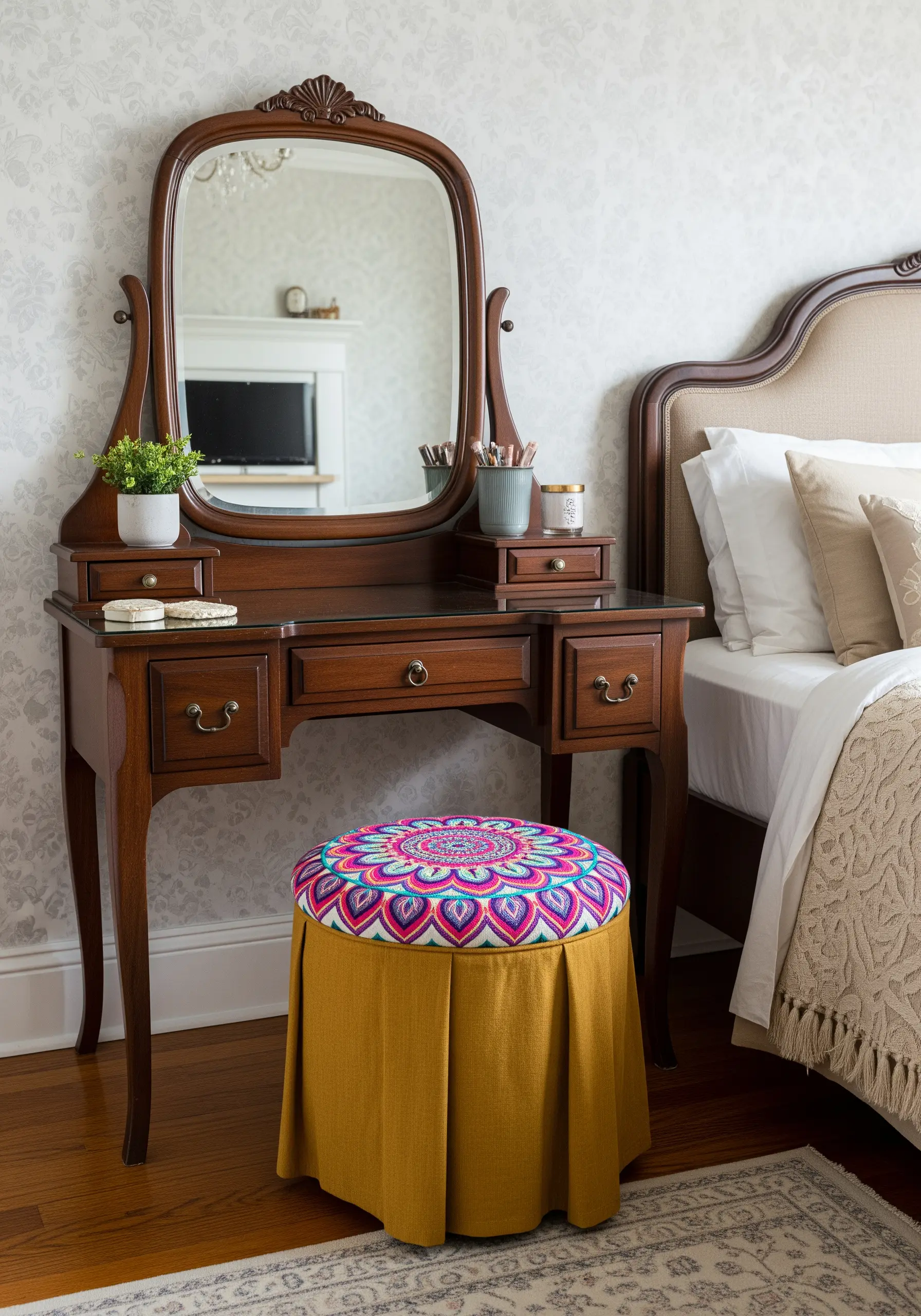 A vintage wooden vanity with a stool upholstered in a bright, modern mandala design.