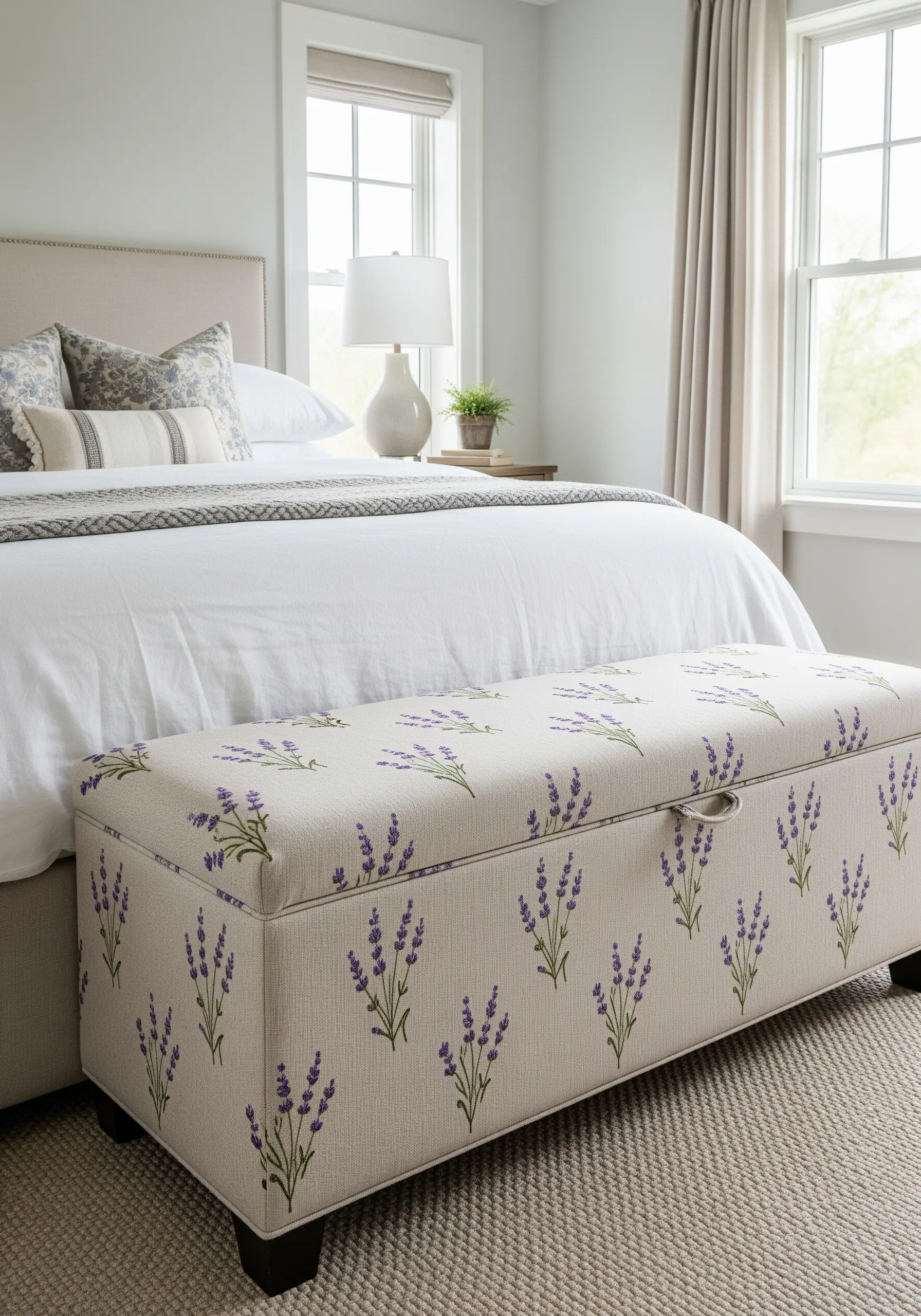 An upholstered storage bench at the foot of a bed, featuring a repeating lavender embroidery pattern.