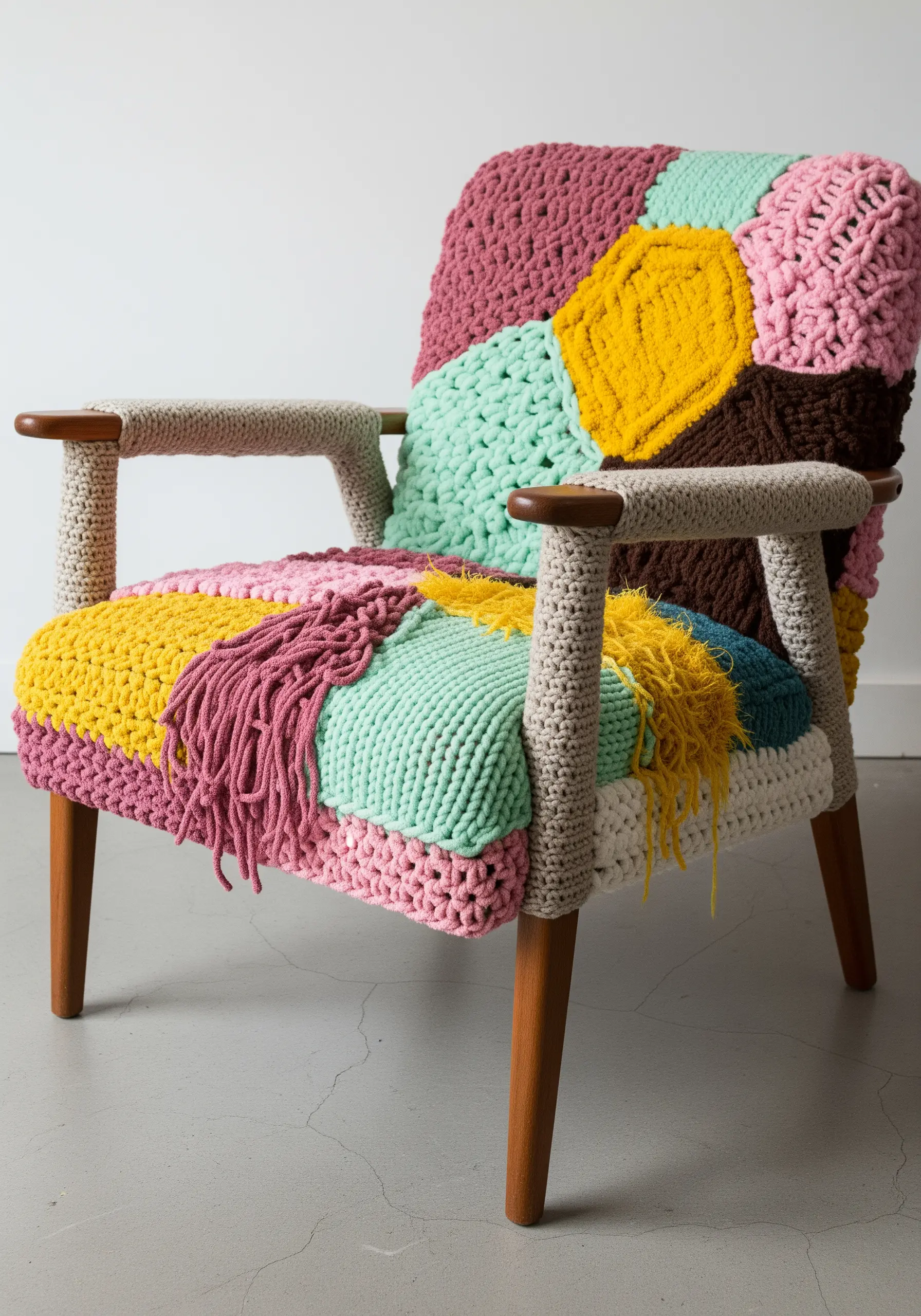 A mid-century modern armchair is covered in a colorful, chunky crocheted patchwork.