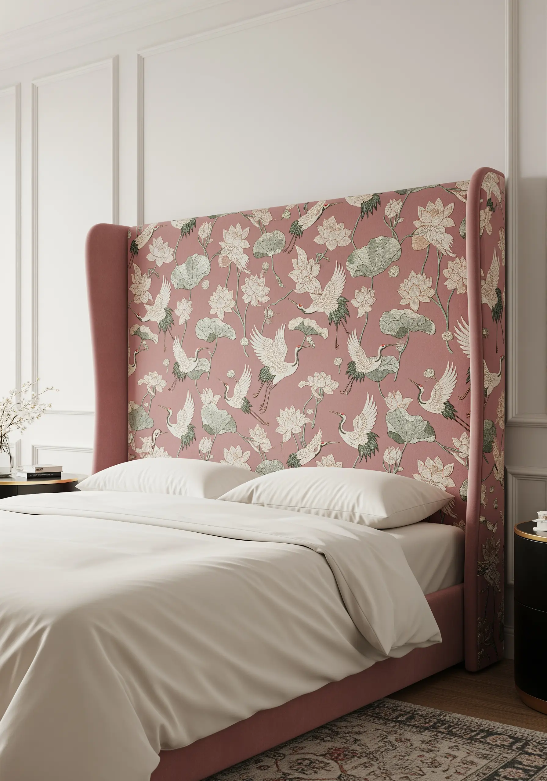 A dusty rose wingback headboard with an all-over Chinoiserie embroidery pattern of cranes and lotus.